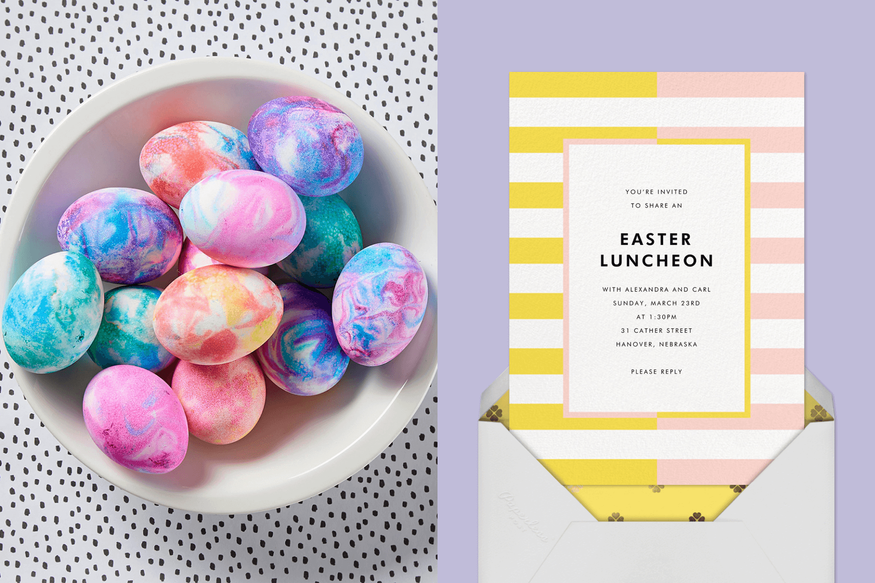 Left: Colorful swirl-painted eggs in a bowl. Right: An Easter invitation with yellow and pink horizontal stripes.