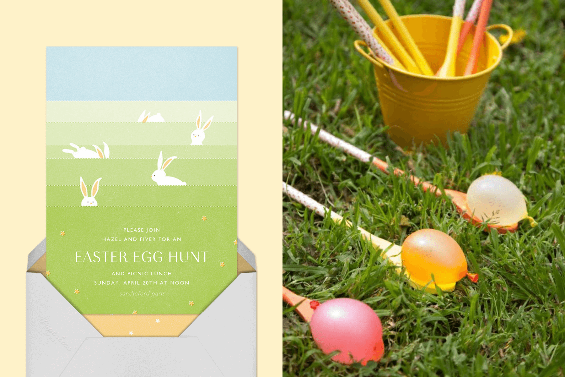Left: An Easter invitation with illustrated white rabbits hopping in grass. Right: Small water balloons are balanced on long spoons, ready for a race.