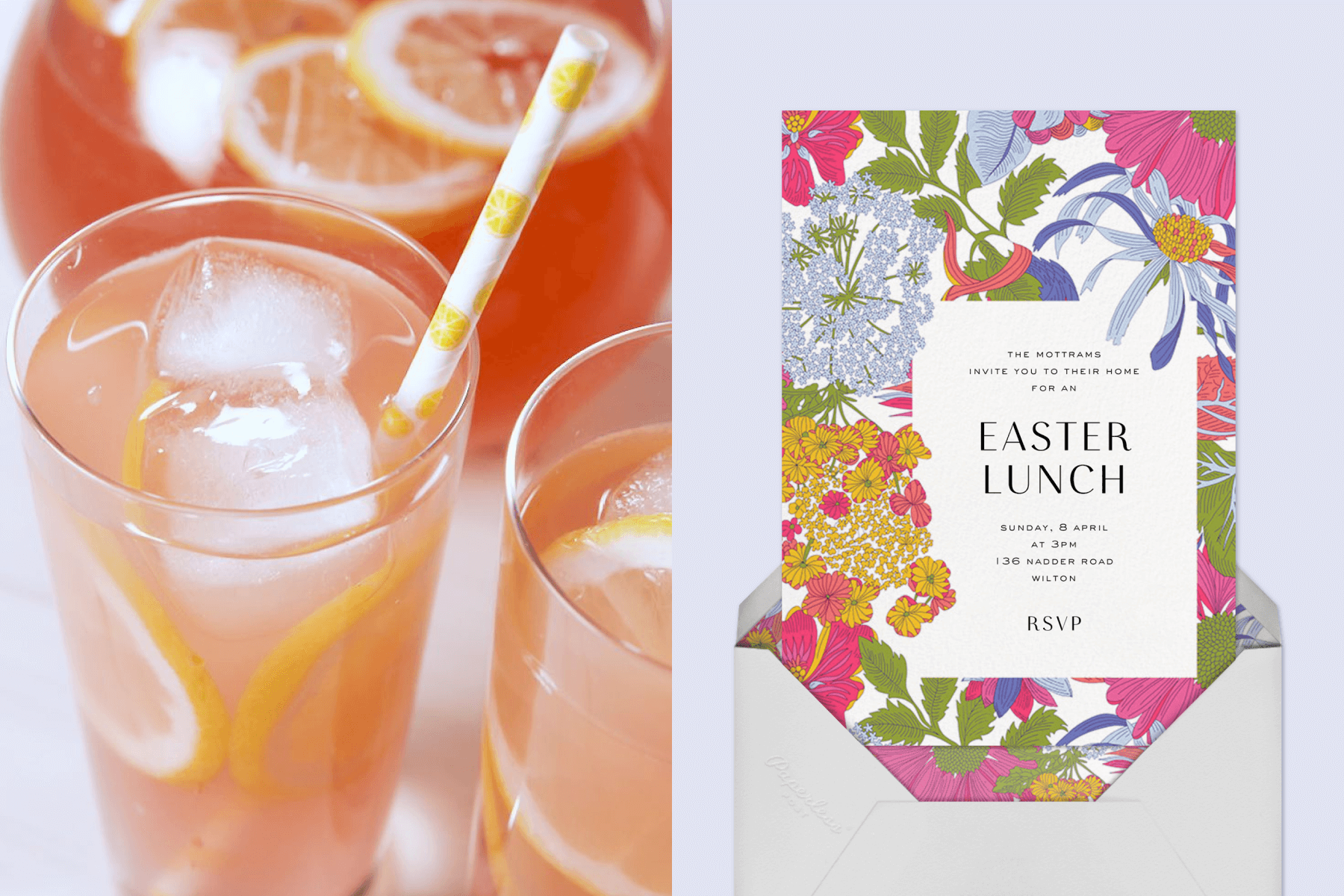 Left: Citrusy drinks with straws. Right: An Easter invitation with colorful flowers around the border.
