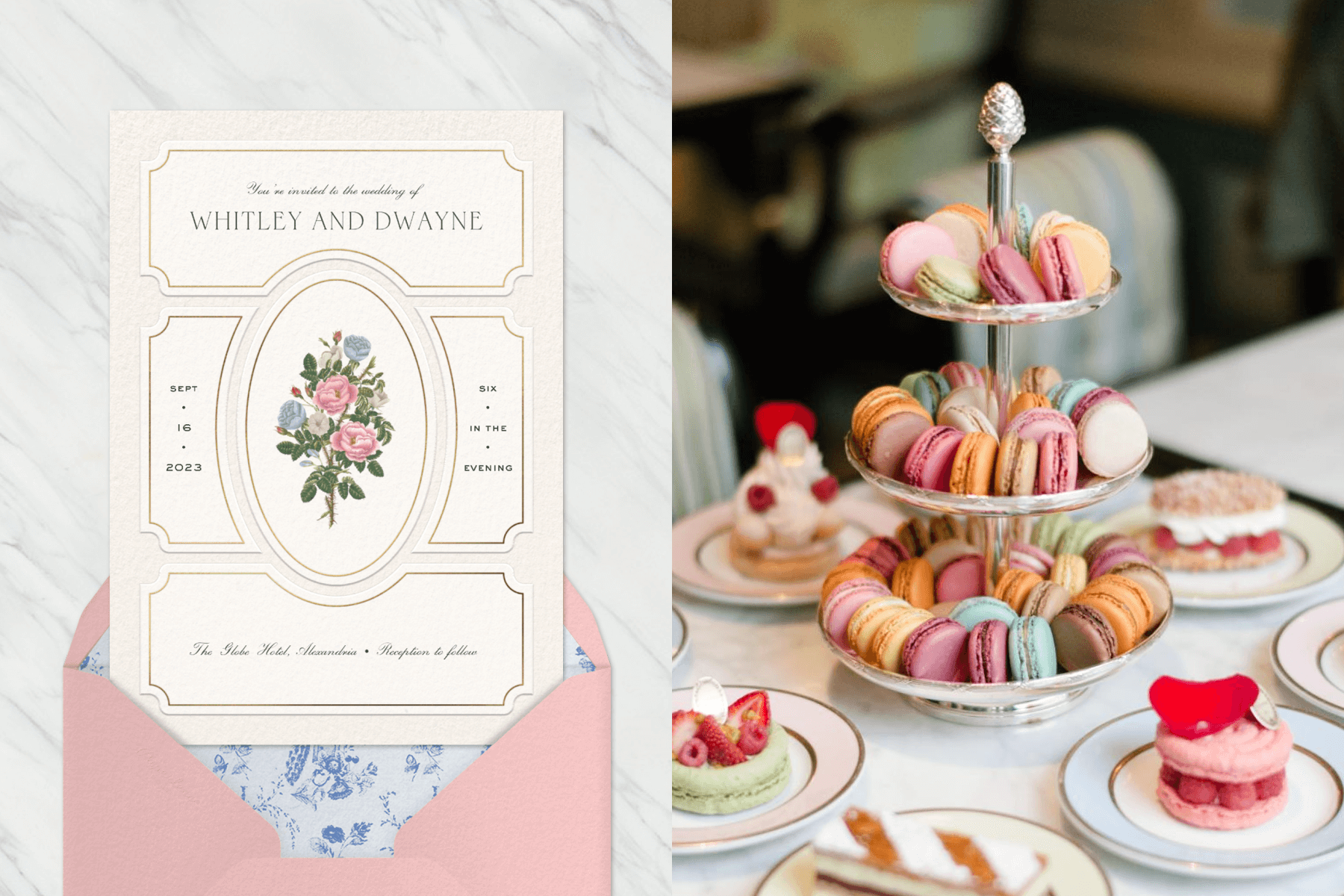 A vertical bridal shower invitation with a scrapbook style and a delicate flower bouquet illustration. Right: A dessert tower filled with rainbow macarons.