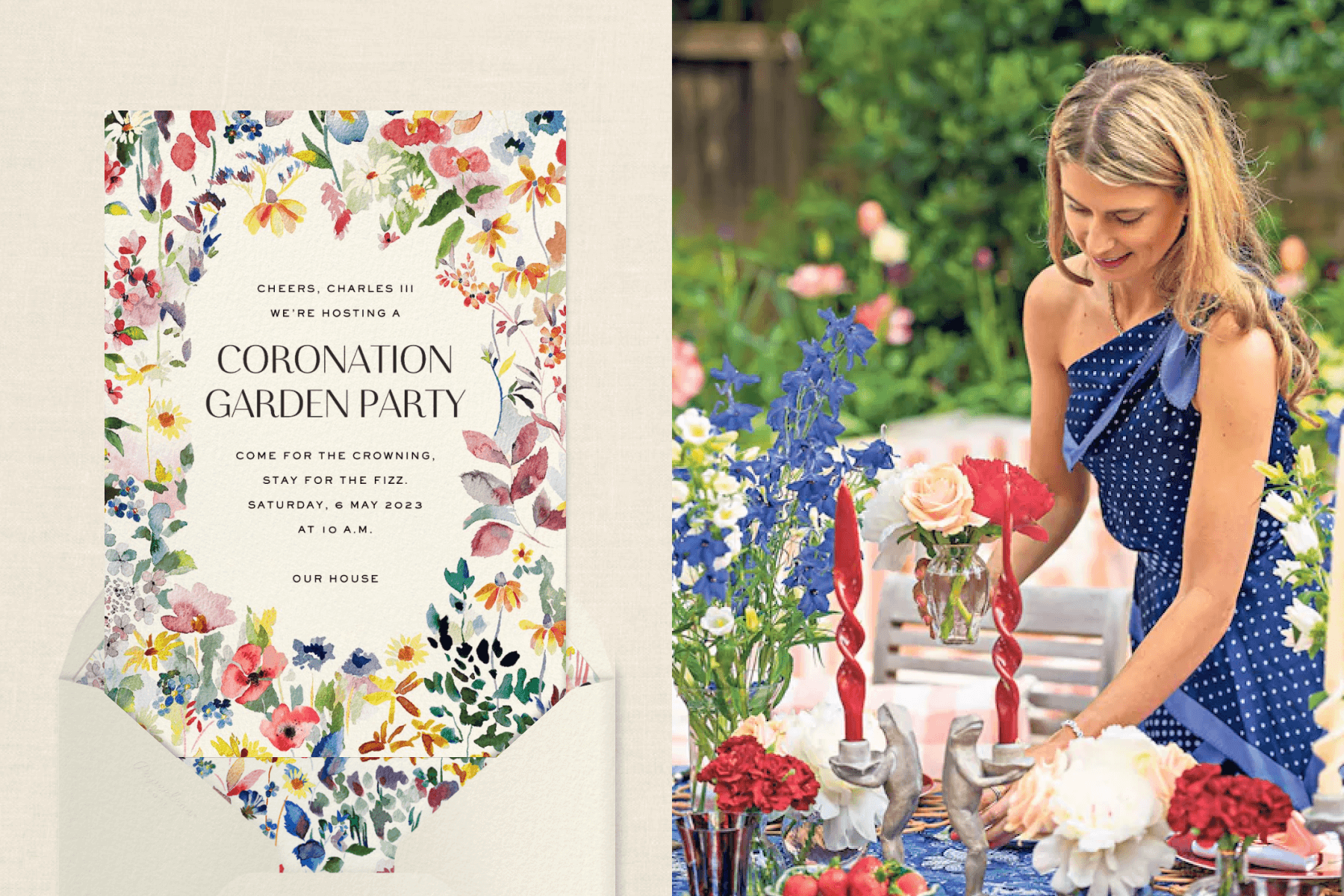 left: An invitation with lush watercolor flowers around the border. Right: A woman in a blue dress places a vase of roses on an outdoor table with lots of blue, red, and white flowers and twisted red taper candles in silver frog holders.