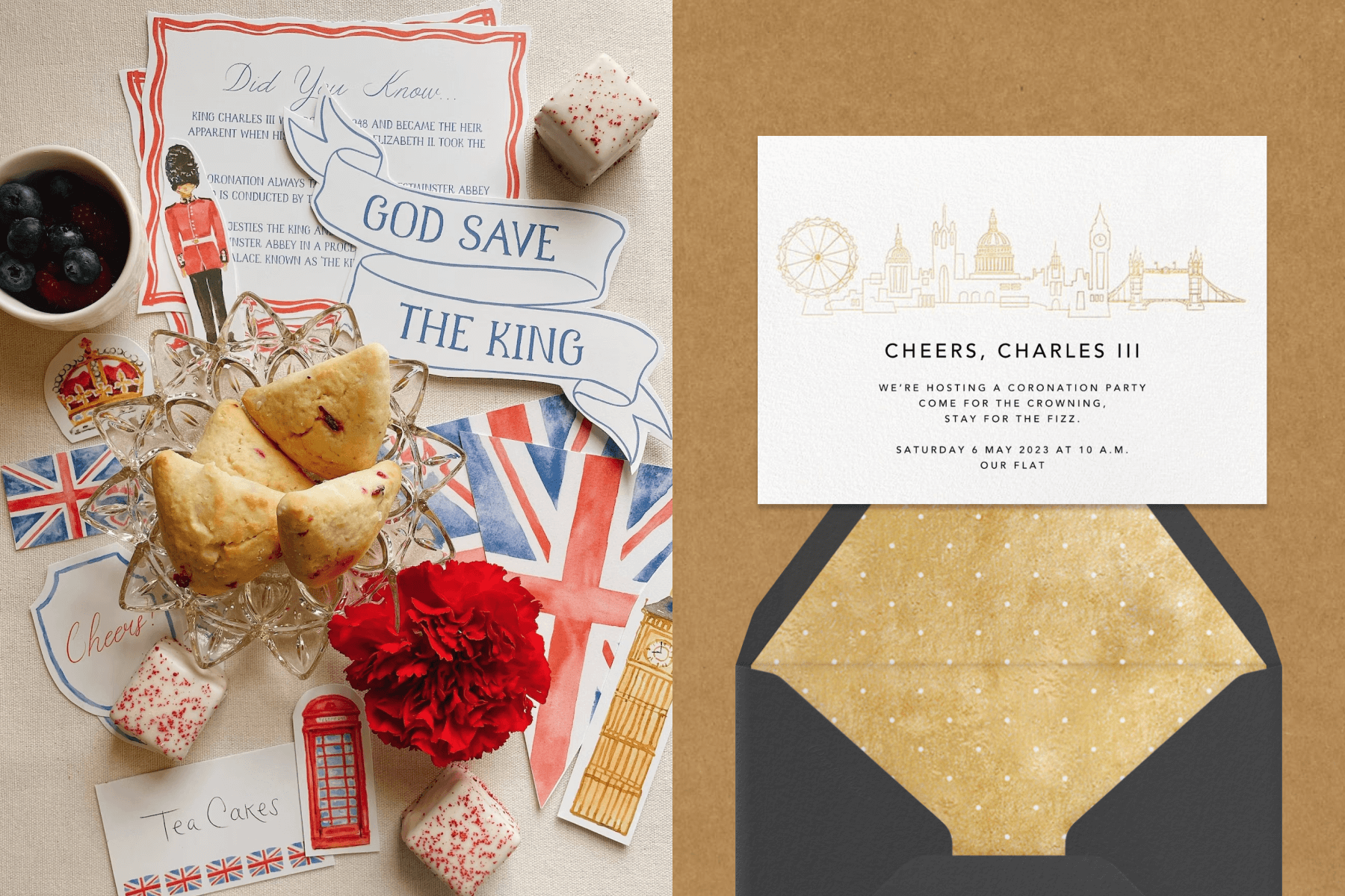 Left: Lots of Britain-themed paper items (bunting, food labels, a cutout of a Royal guard, a banner reading “God save the King,” beside scones, a red carnation, and blueberries. Right: An invitation with a drawing of the London skyline above a black envelope with gold liner.