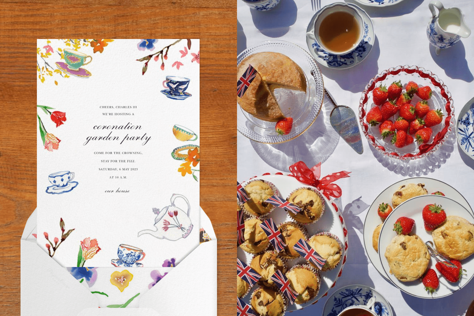 Left: An invitation with watercolor paintings of tea cups, tea pots, and flowers around the border. Right: A table spread with muffins, cakes, cookies, strawberries, and tea with Union Jack toothpicks stuck into some.