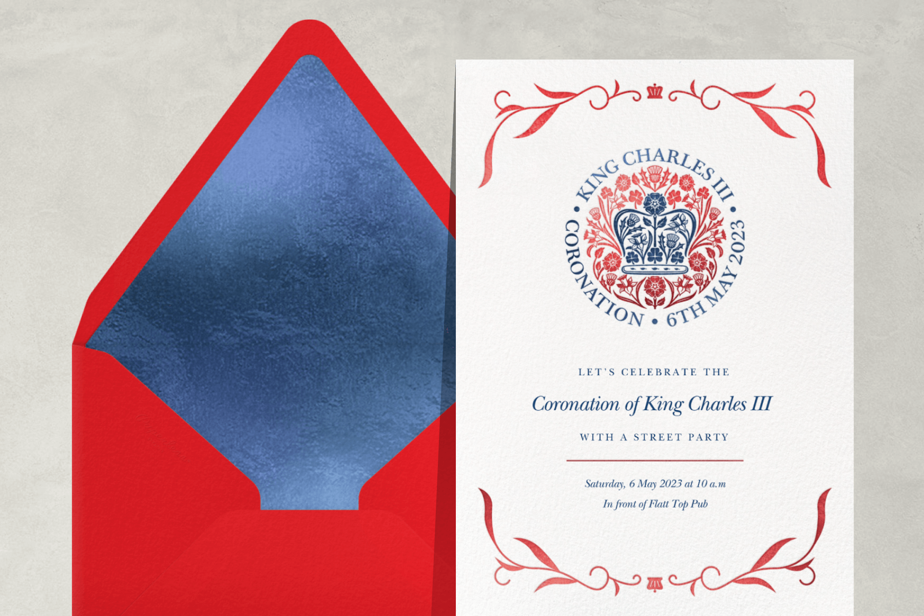 A Coronation party invitation with the official King Charles III Coronation seal and red motifs paired with a red and blue envelope.