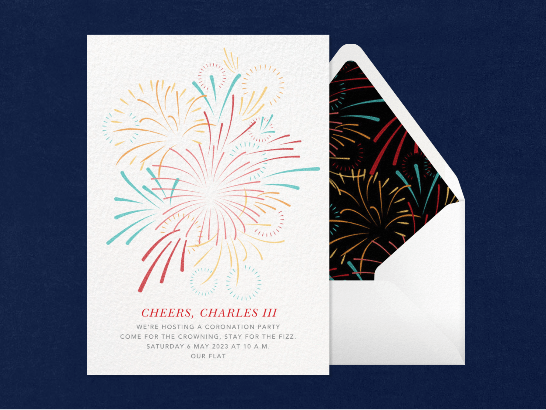 An invitation with colorful, minimalist fireworks beside an envelope with a black fireworks liner.