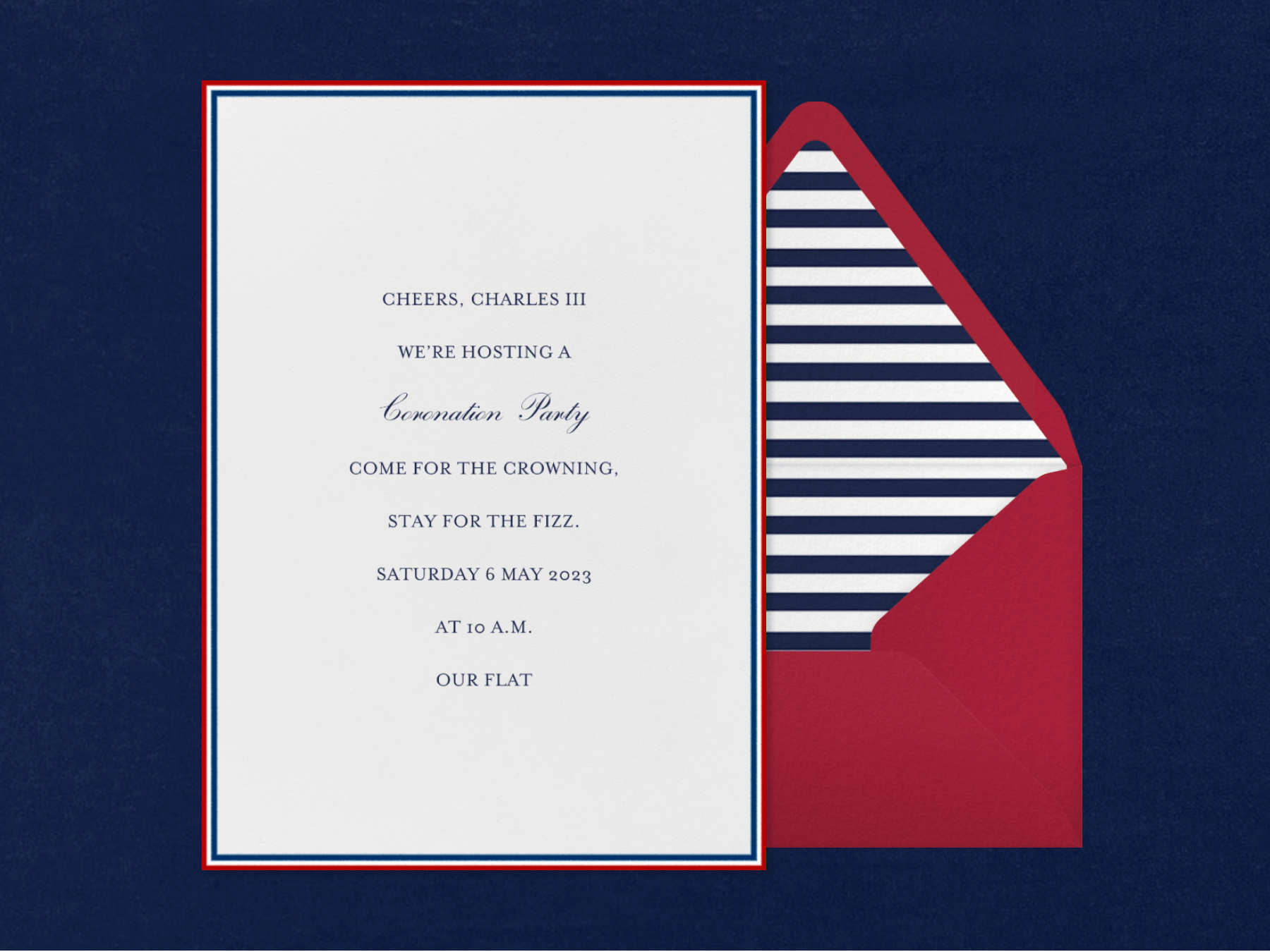 A simple invitation with thin red and navy blue lines around the edges,beside a red envelope with blue striped liner.