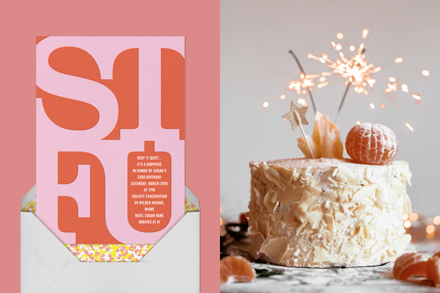 Left: A red and pink invitation with the letters STFU. Right: A single-layer cake with citrus fruit and sparklers on top.