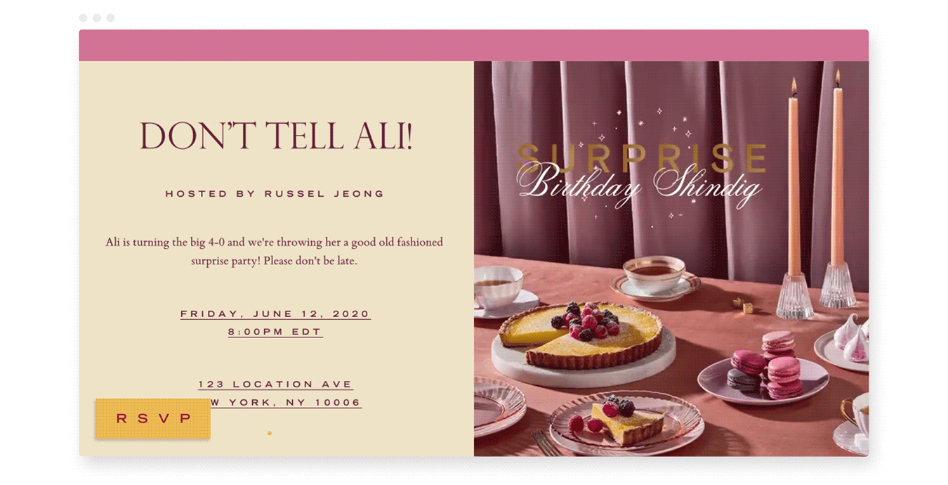 An online invitation with a pink table spread of desserts and tapered candles.