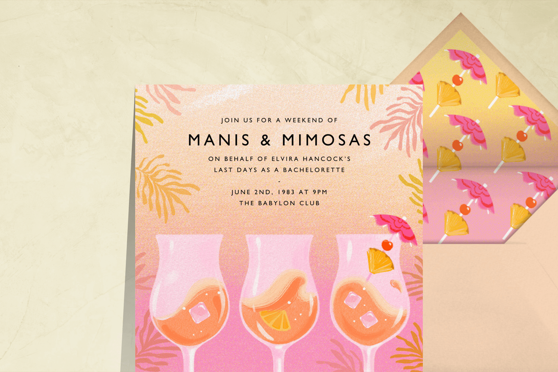 A pink and orange bachelorette invitation with an illustration of three cocktails.