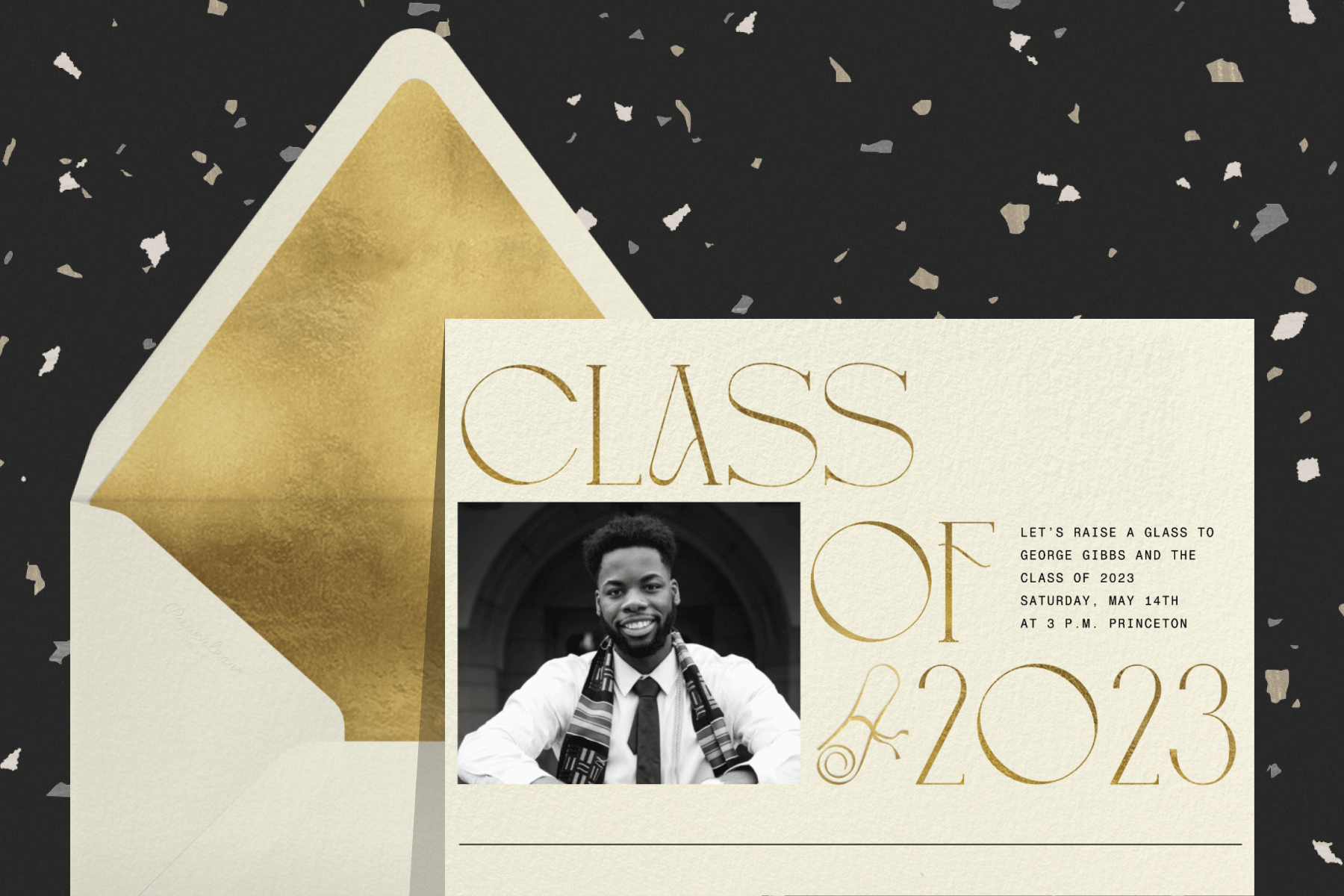 A cream graduation party invitation with the words “CLASS OF 2023” in gold beside a small diploma and a photo of a young man on a black background with subtle confetti.