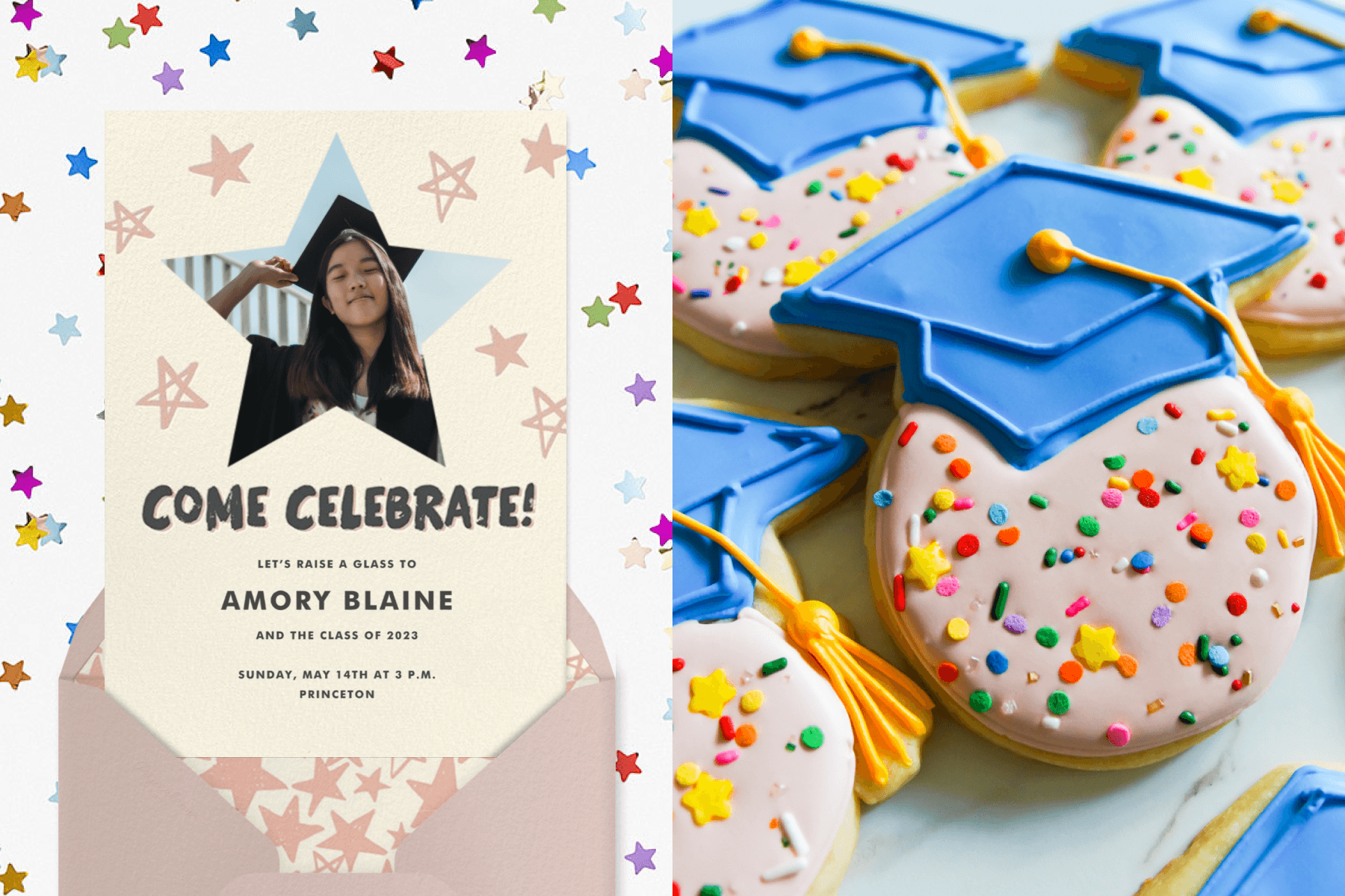 left: A graduation party invitation with a star-shaped photo of a young woman in a graduation outfit and pin star doodles around her on a backdrop of rainbow star confetti. Right: Pink frosted cookies with rainbow sprinkles and blue mortarboard hats.