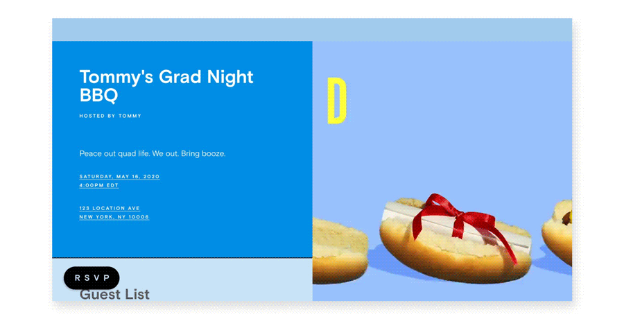 A blue online invitation to a graduation party with an animation of hot dog buns that are alternately filled with hot dogs and diplomas.