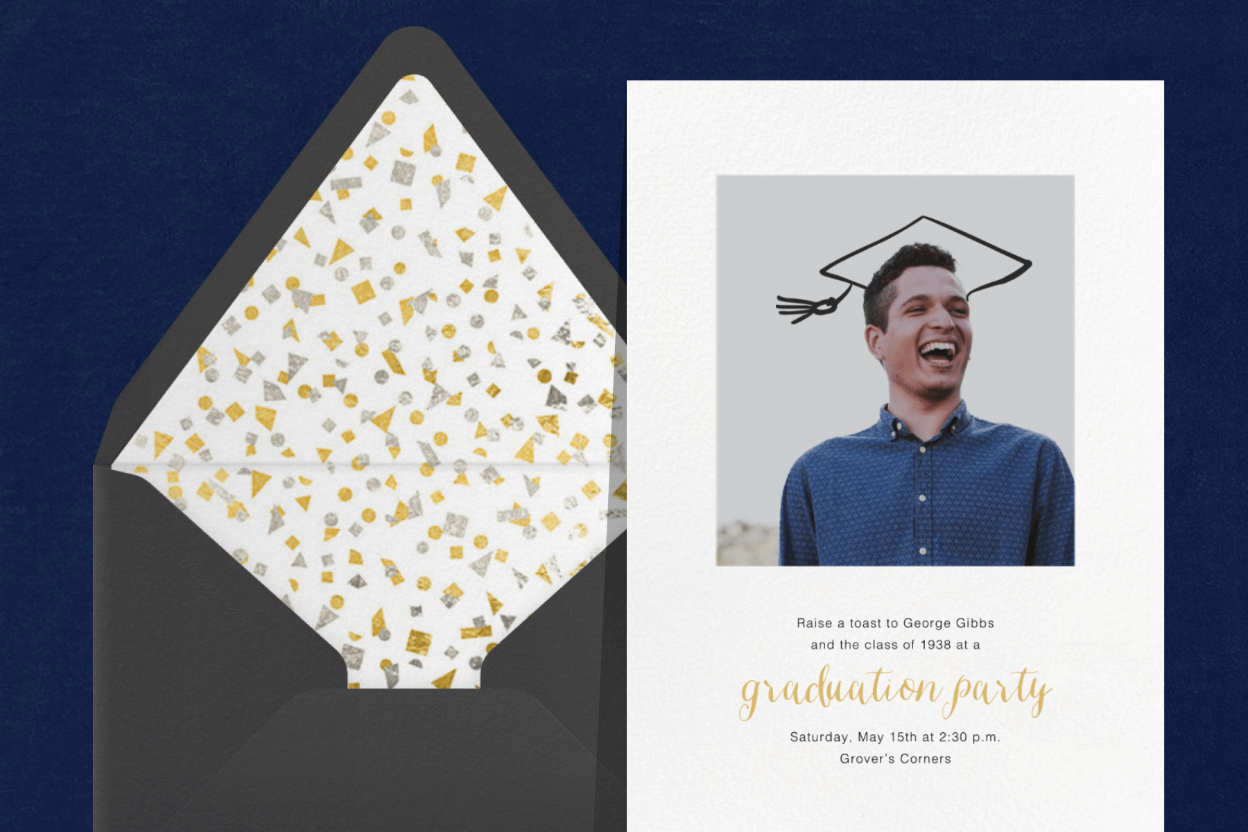 A graduation party invitation with a photo of a young man with a doodle of a mortarboard hat over his head, beside a black envelope with confetti liner on a navy background.