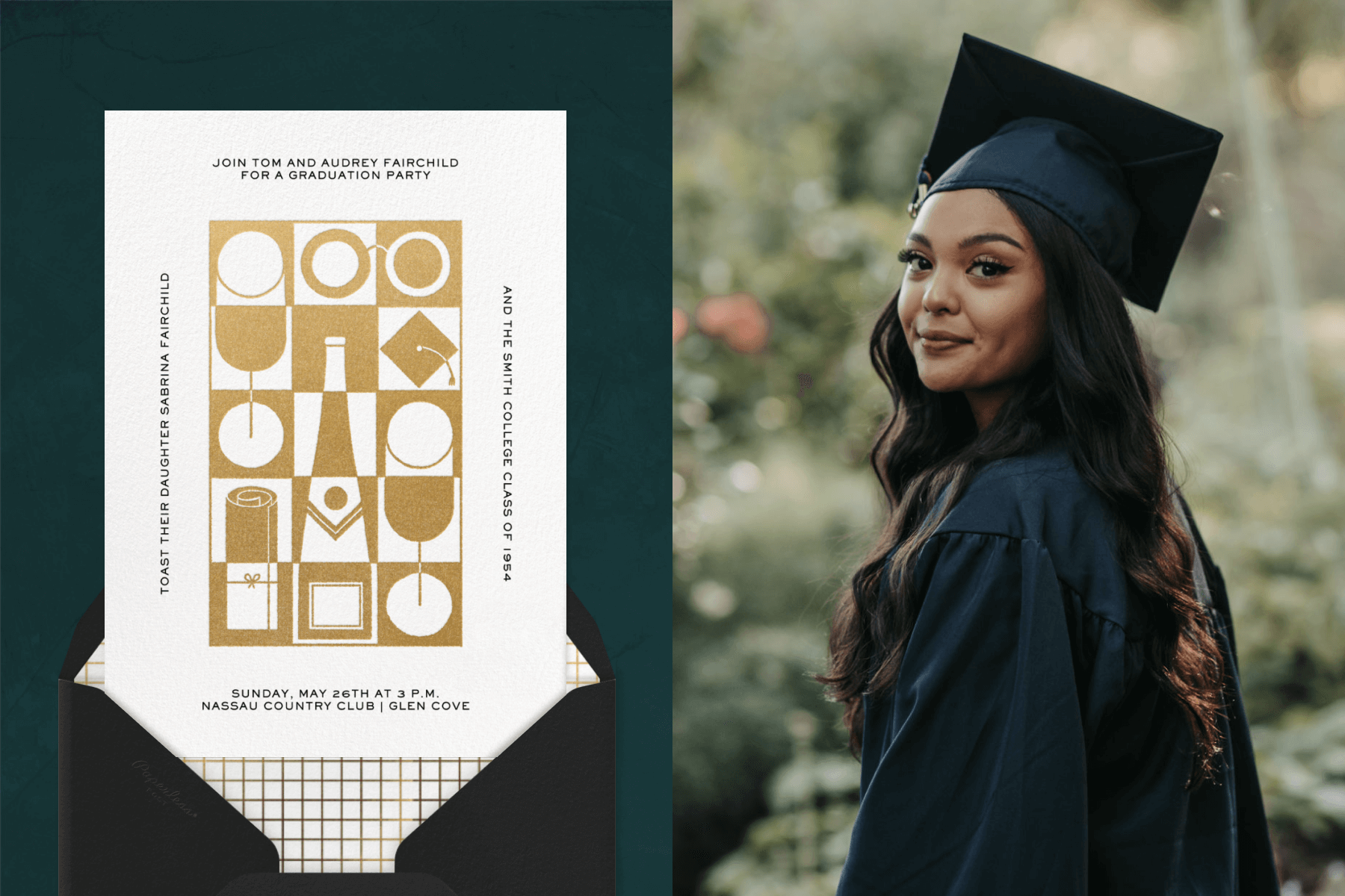 left: A graduation party invitation with a gold monotone grid of grad party items such as a glass of wine, mortarboard, diploma, Champagne, etc on a dark green backdrop. Right: A young woman standing outside in a cap and gown looks at the camera over her left shoulder.