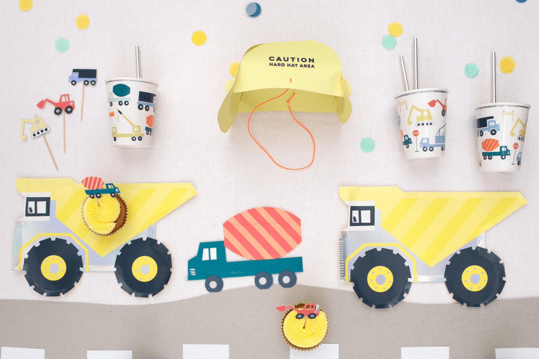 Construction site-themed birthday party supplies.