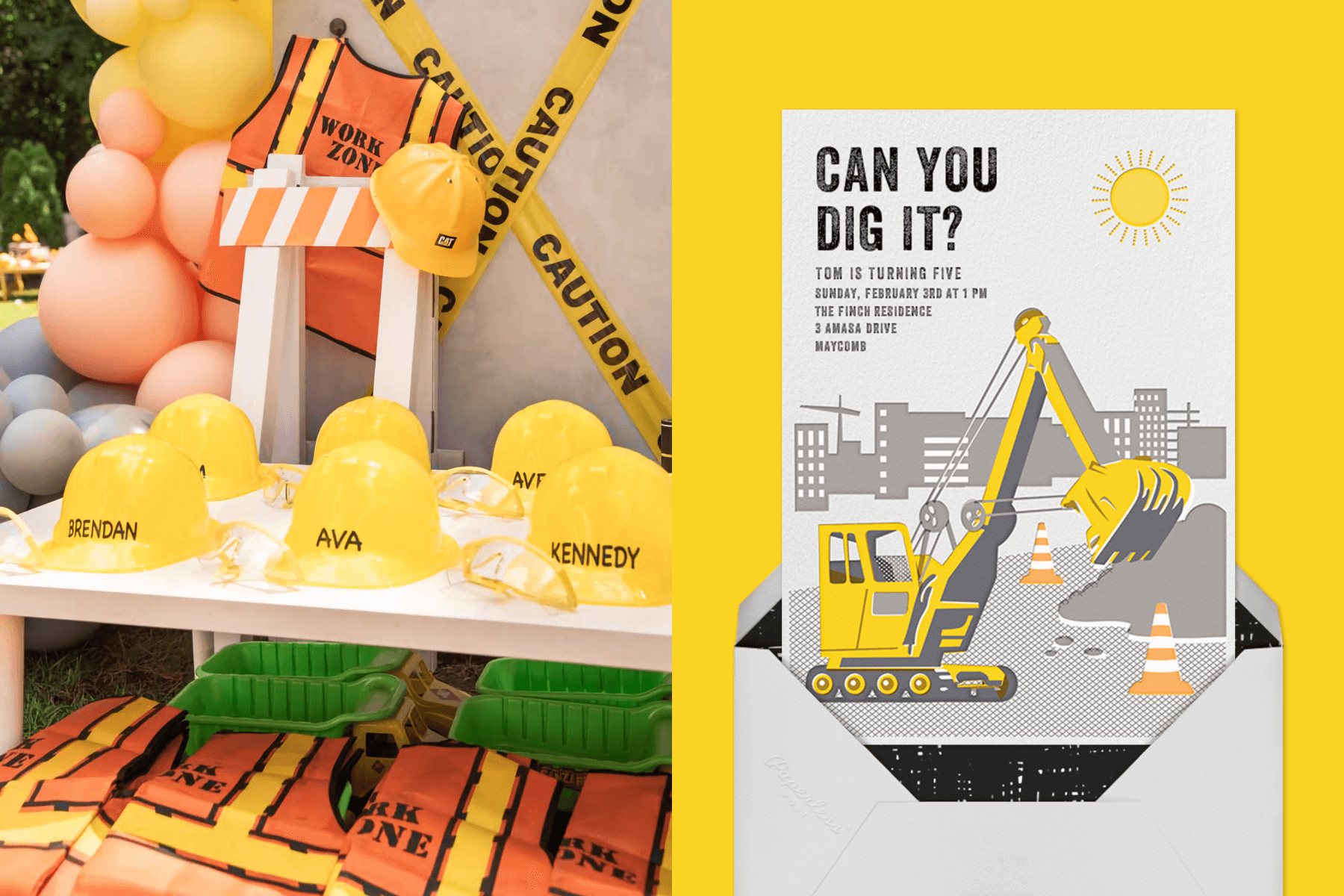 left: Yellow hard hats with names on them. Right: A birthday invitation with a yellow bulldozer.