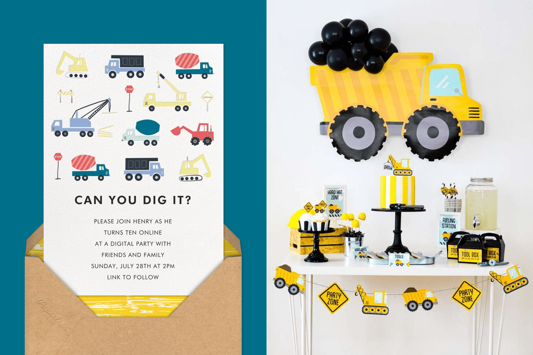 left: A birthday invitation with various colorful construction vehicles. Right: A table and wall decorated with yellow construction-themed supplies and desserts.