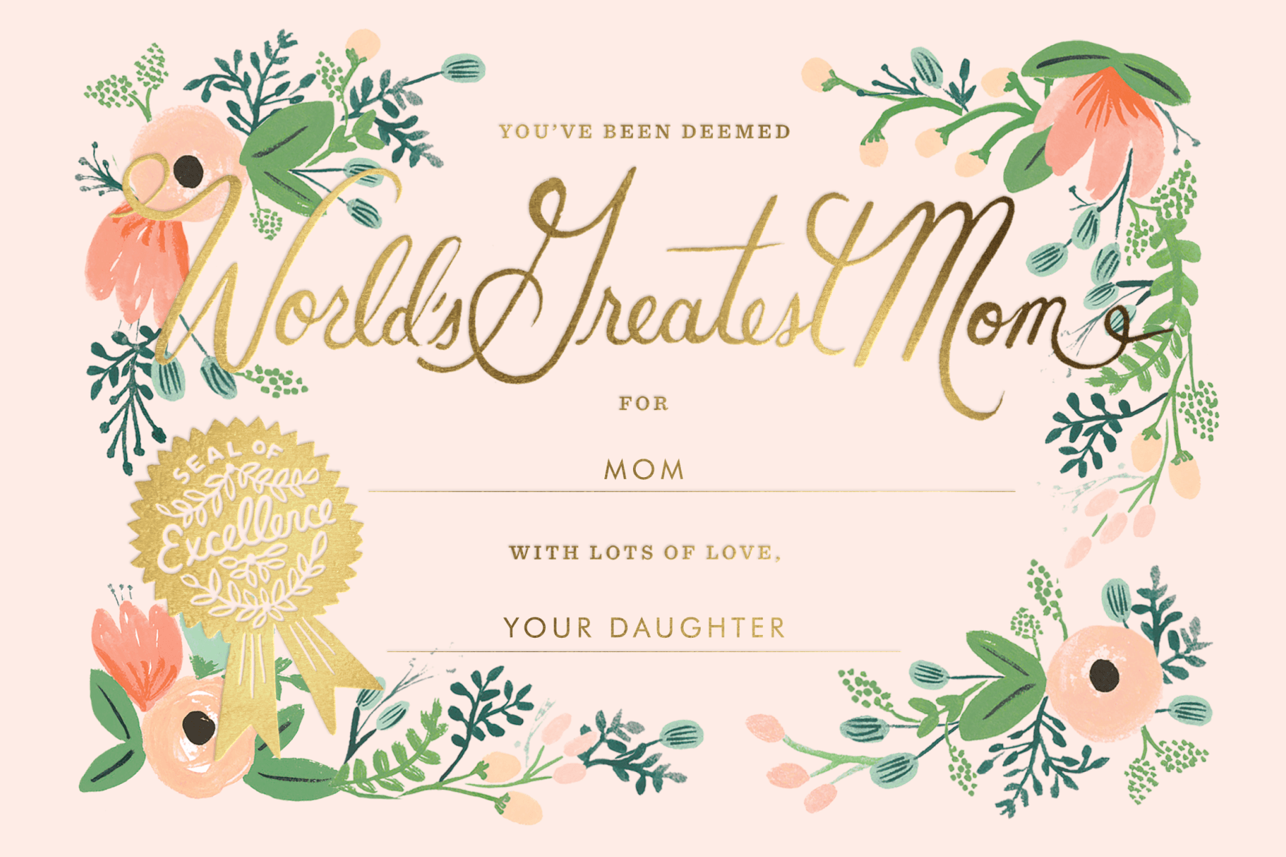 A pink floral certificate for the world’s greatest mom.