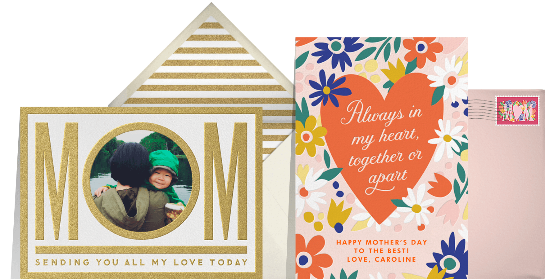 Left: A mother’s day card featuring “MOM” in large letters with room for a photo in the “O”. Right: A Mother’s Day card with a sweet sentiment in a heart surrounded by flowers.