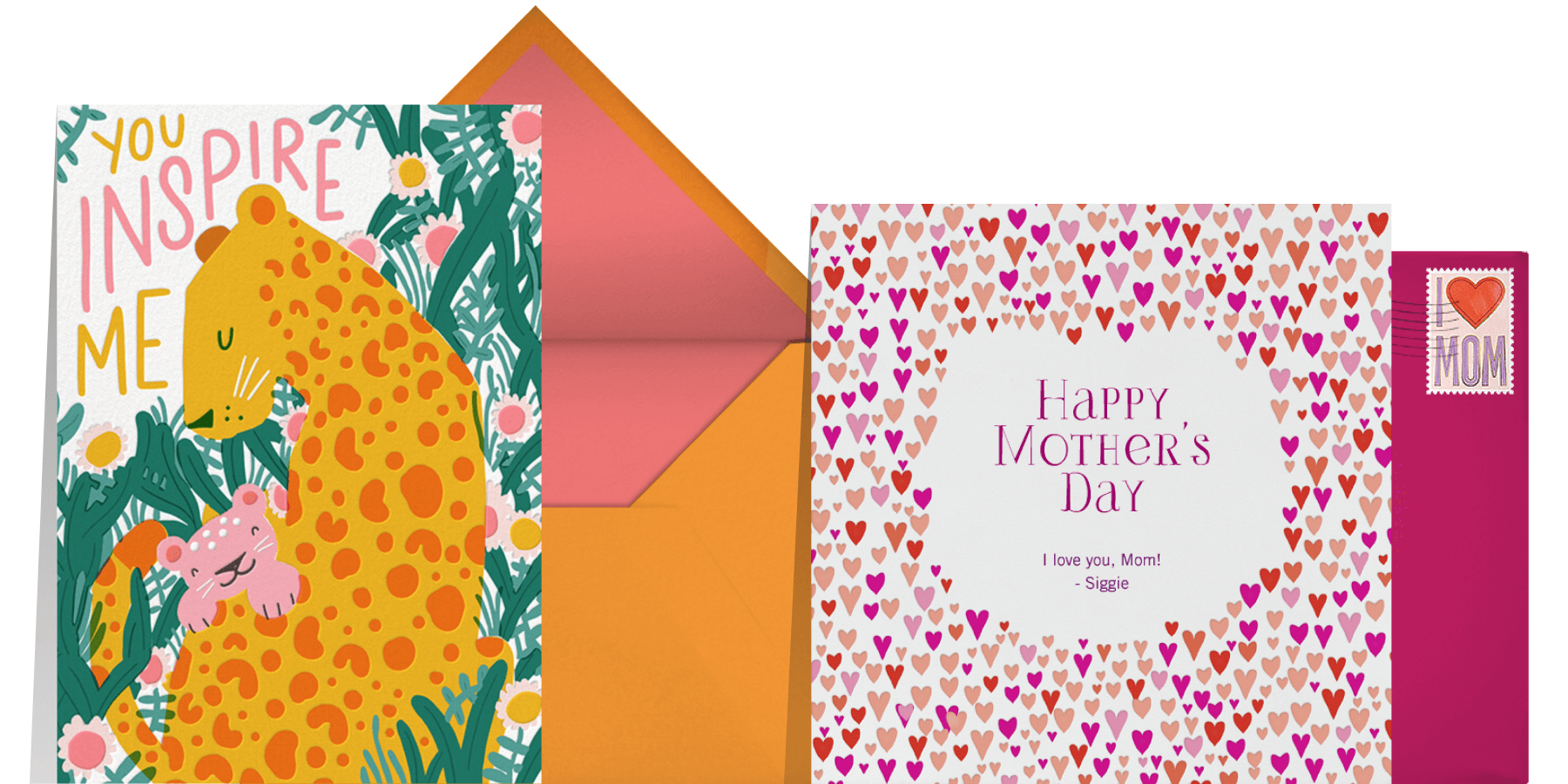 Left: A mother’s day card featuring a mama leopard and her cub; Right: A mother’s day card featuring illustrations of little hearts.