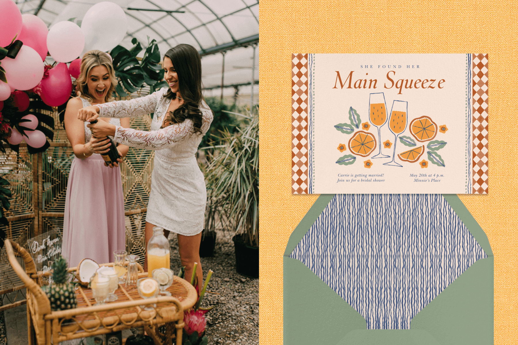 Left: Two women (one in a lacy white dress) open a bottle of sparkling wine over a rattan bar cart with pink balloons in what appears to be a greenhouse. Right: A bridal shower invitation with an illustration of orange slices and mimosas and a border of red checkers above a sage green envelope.