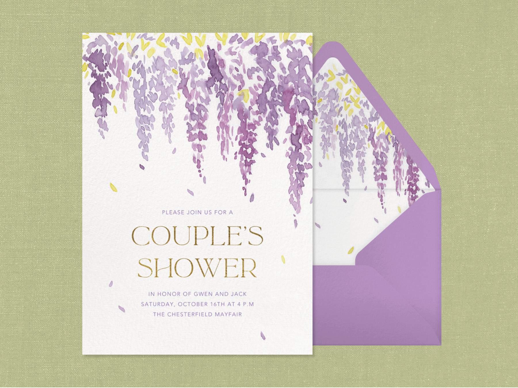 A bridal shower invitation with purple watercolor wisteria flowers falling from the top by a matching purple envelope.