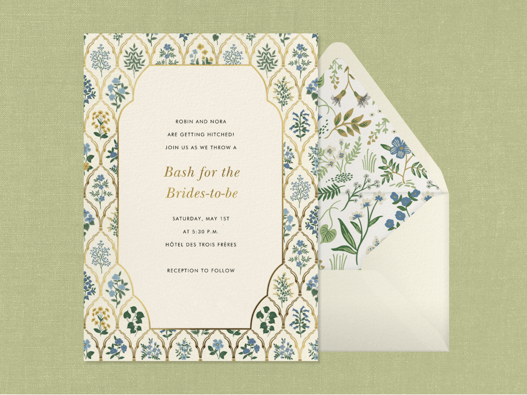 A bridal shower invitation with a trellis border filled with small botanical drawings of flowers in green, blue, and yellow and a matching cream envelope.