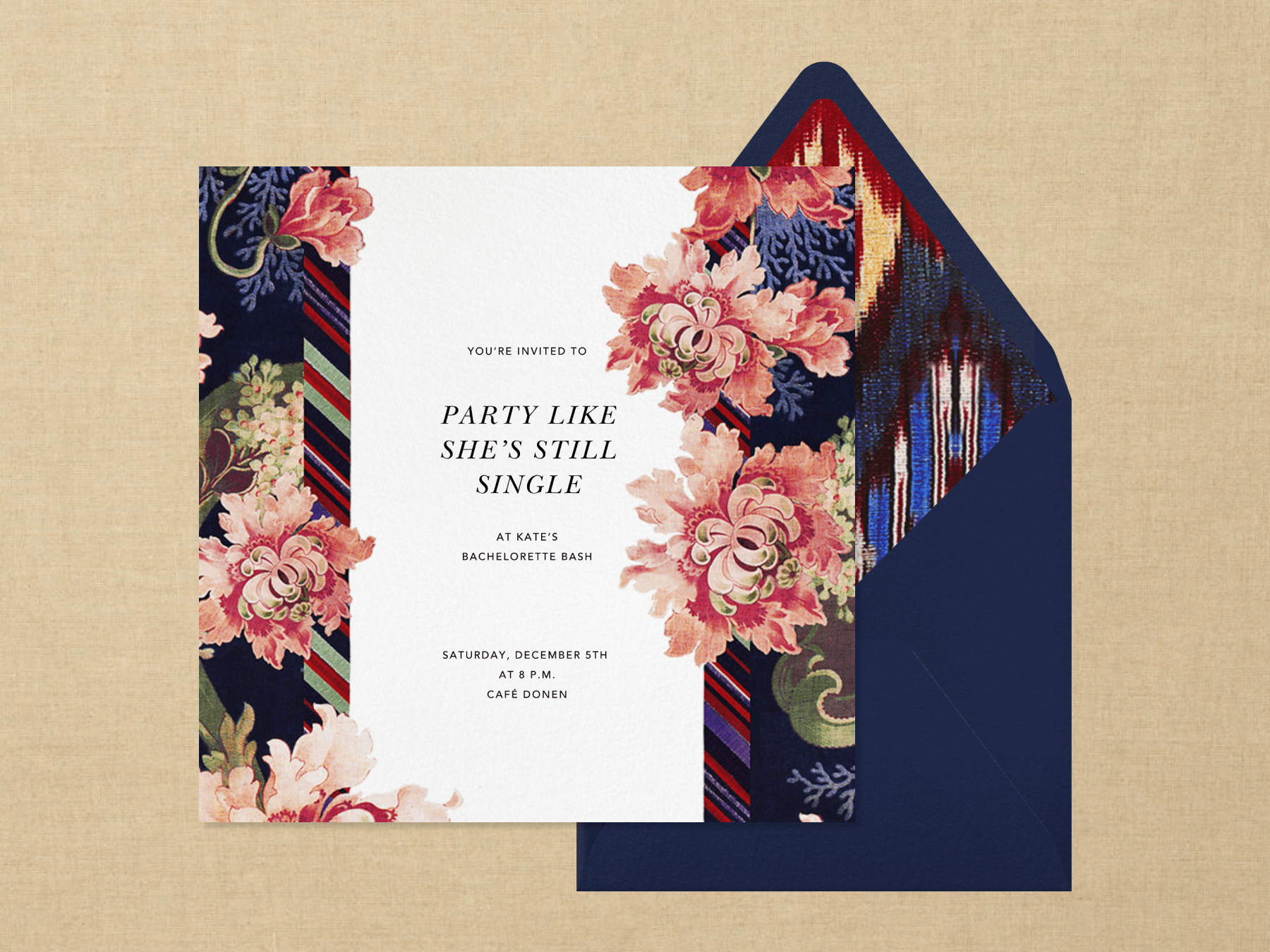 A bachelorette party invitation with a moody stripe and floral border and a navy card with dark ikat liner.