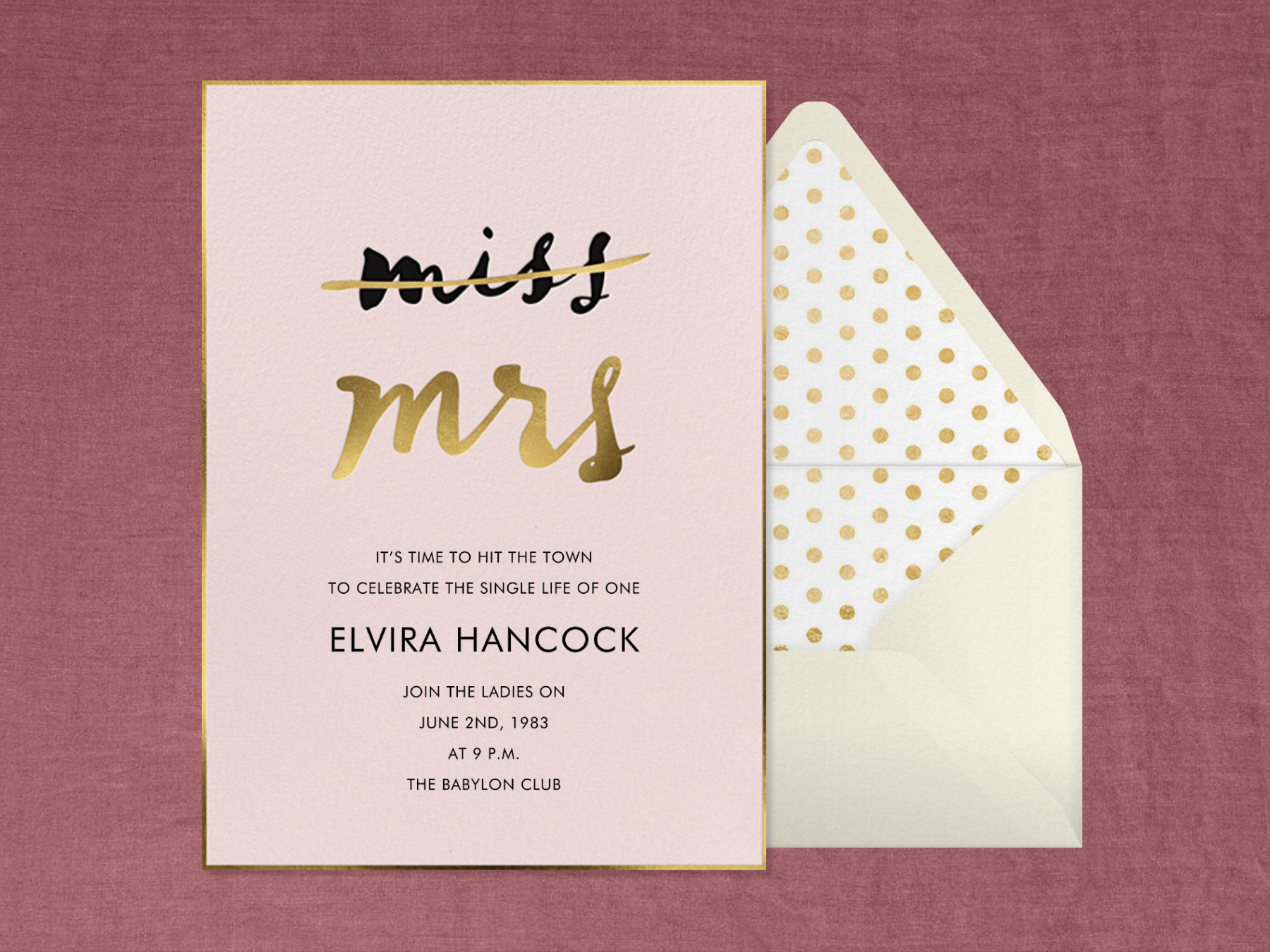 A light pink bachelorette party invitation with the word “miss” struck out and “mrs” in gold and a thin gold border next to a cream envelope with gold polka dot liner.