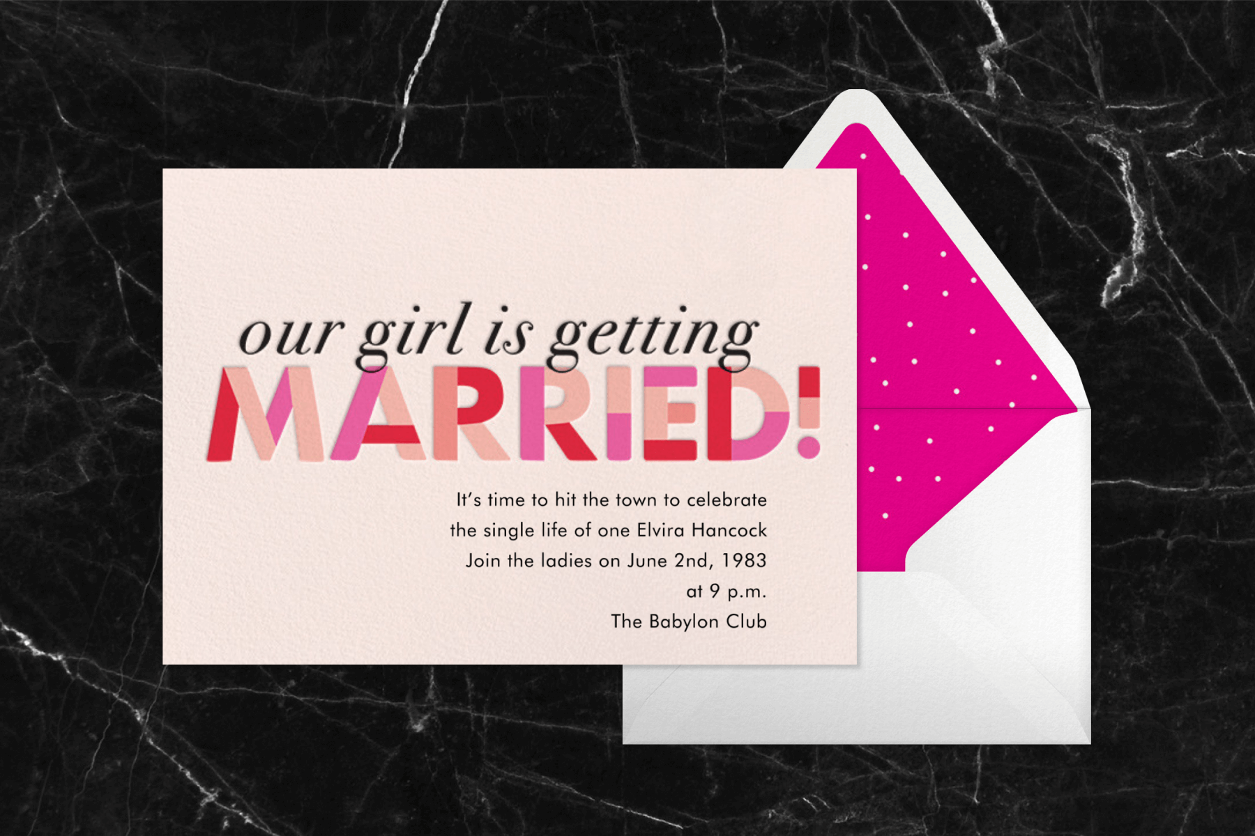 A light pink bachelorette party invitation with “our girl is getting MARRIED!” in pink and red color blocks beside a white envelope with a hot pink polka dot liner.