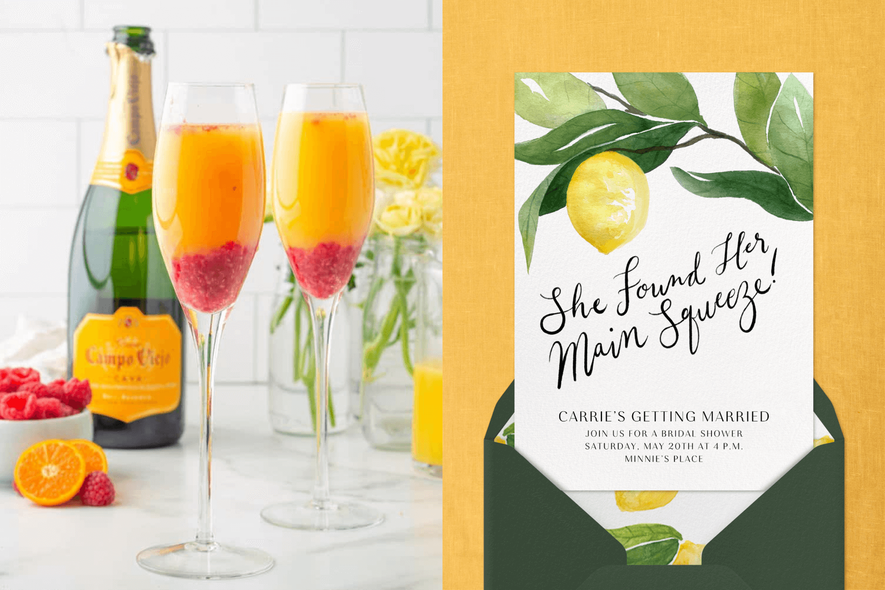 Left: Two Champagne flutes filled with orange juice and raspberries at the bottom are beside a bottle of Cava and bowl of fruit. Right: A bachelorette party invitation with a lemon tree branch and the words “She’s found her main squeeze!”