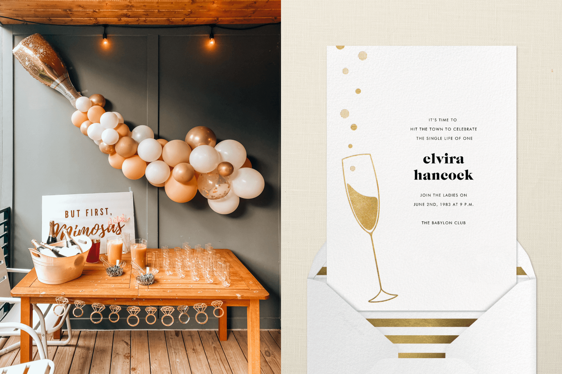 Left: A table set fot mimosas with glasses, pitchers, and sparkling wine beneath a balloon bottle pouring out balloons “bubbles.” Right: A bachelorette party invitation with a gold Champagne flute with bubbles drifting out.