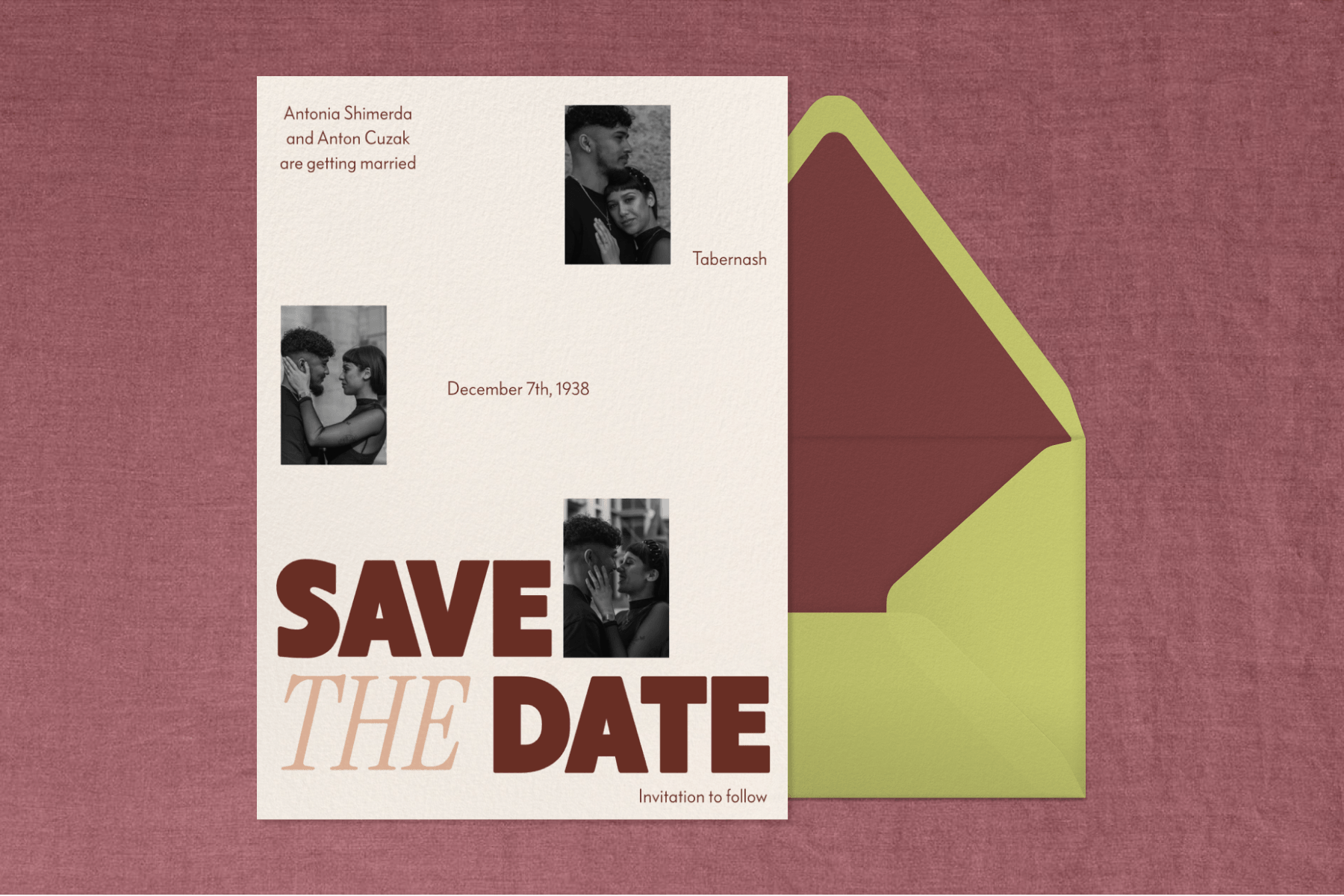 A save the date invitation with three photos of an engaged couple next to a chartreuse envelope with a burgundy interior, against a muted dark red background.