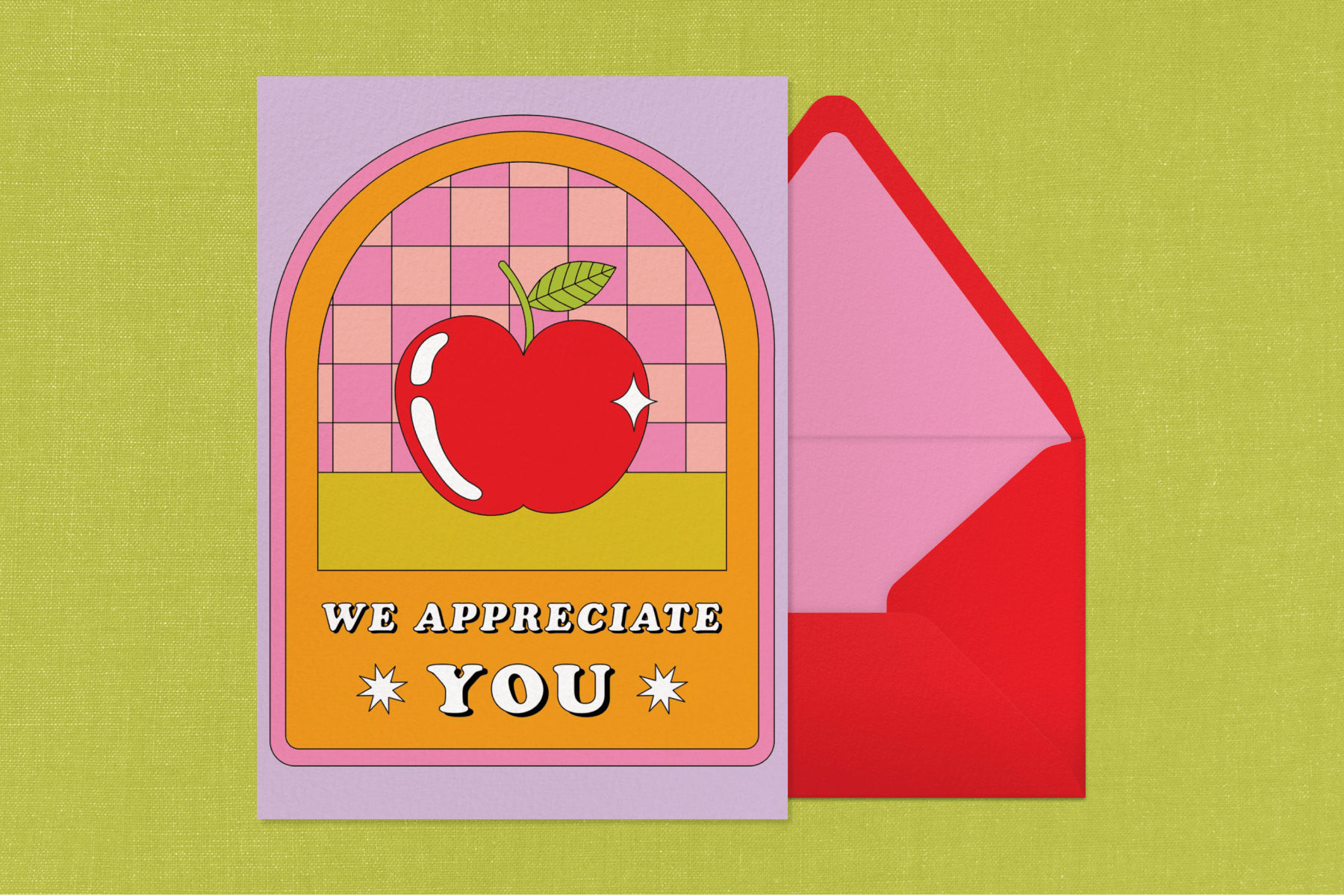 A card with stylized illustration of a red apple in a checkered arch shape reads WE APPRECIATE YOU next to a red envelope.