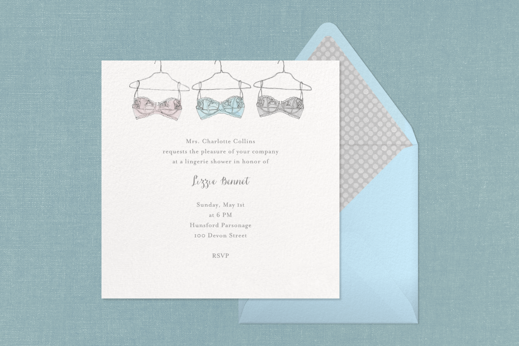A square invitation featuring three bras on hangers, in front of a light blue envelope and teal backdrop.