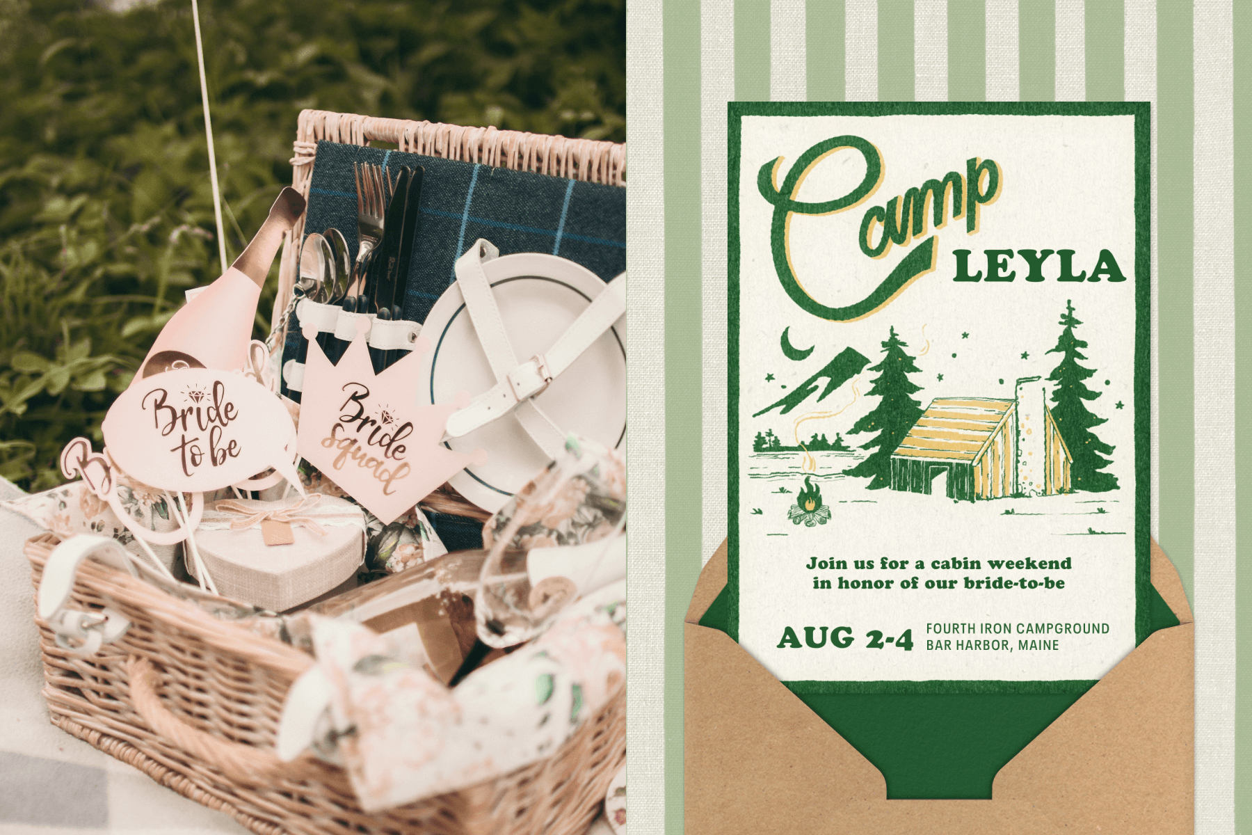 A picnic basket filled with cutlery, plates, and bridal-themed supplies and props; A white invitation with green text reading ‘CAMP LEYLA’ and an image of a cabin surrounded by mountains and trees.