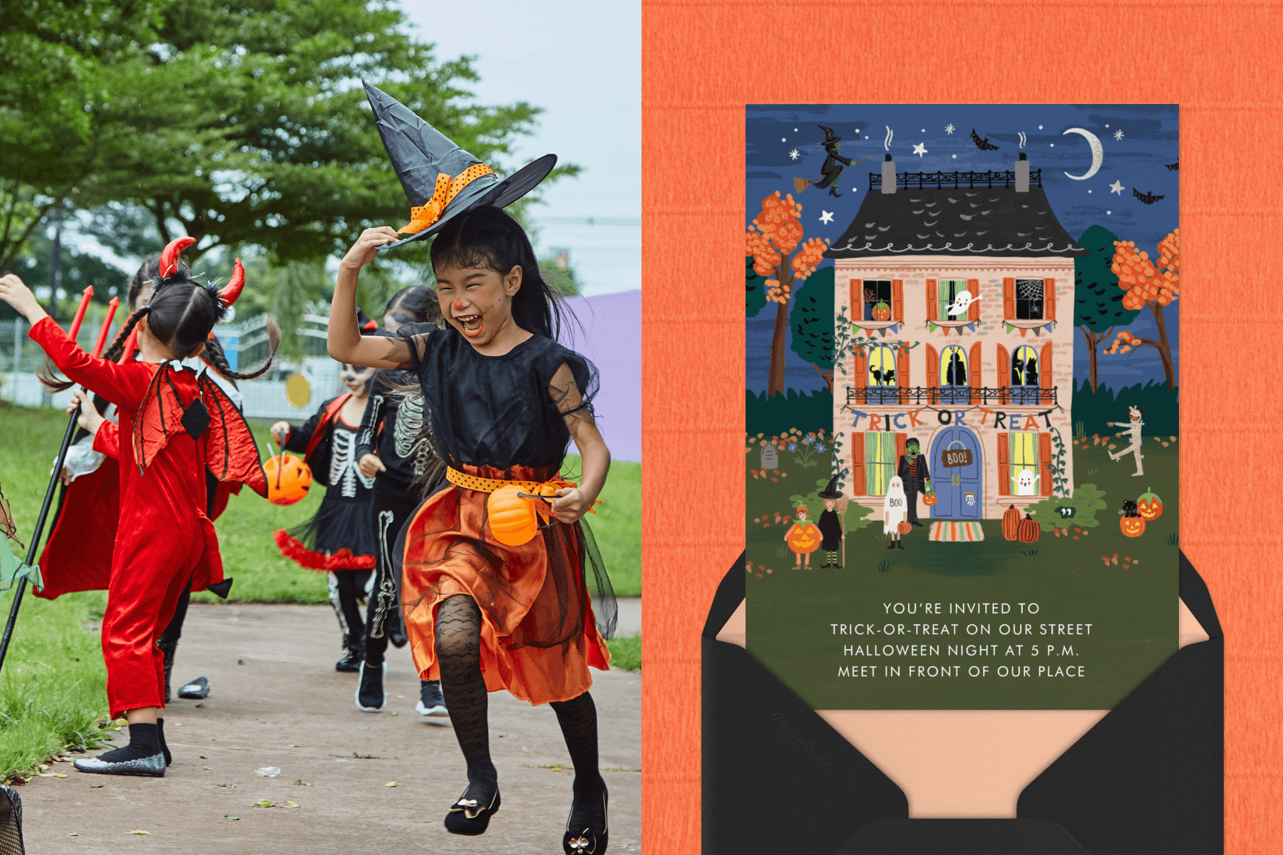 LEFT: A child in a witch hat and an orange-and-black costume runs down a path holding a pumpkin bucket, followed by trick-or-treaters dressed as a devil and skeletons. RIGHT: A Halloween invitation with an illustration of a decorated house at night, with a witch flying overhead, a TRICK OR TREAT banner, and costumed trick-or-treaters out front, sits atop a black envelope with a peach liner against a textured orange backdrop.