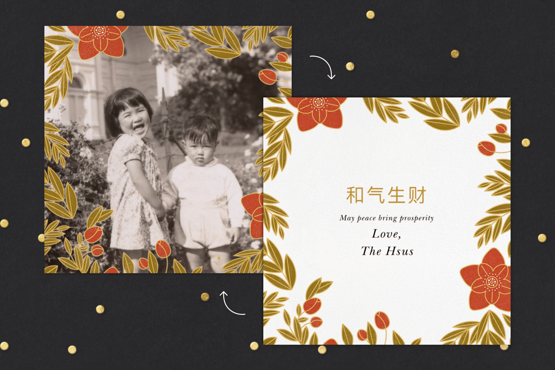 The front and back of a square card with a gold and red flower and leaf border around a black and white photo of small children.