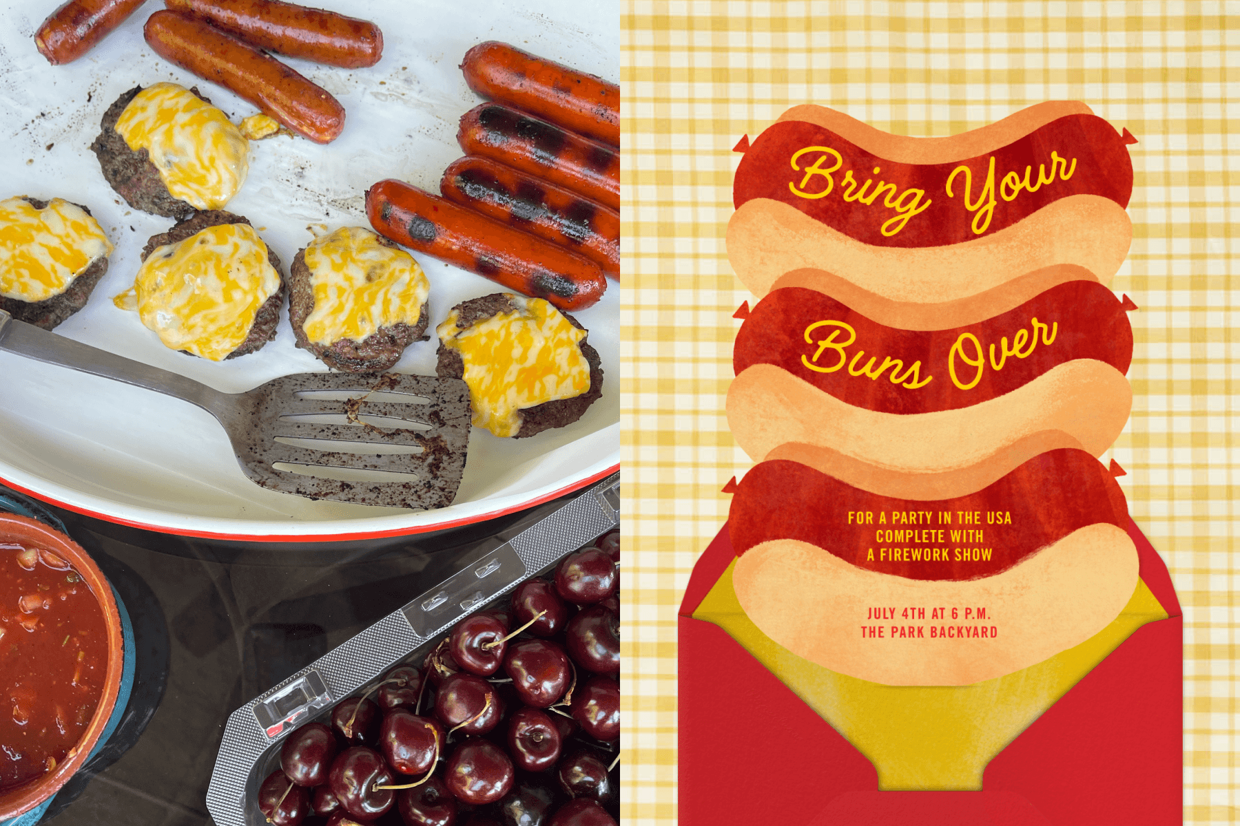 Left: An image of cheeseburgers and hot dogs on a grill with a used spatula waiting to flip the food over, and a bin of fresh cherries next to it. Right: A hot dog-shaped 4th of July party invitation sits atop a red envelope with a mustard-yellow interior against a yellow-and-white gingham-plaid backdrop.