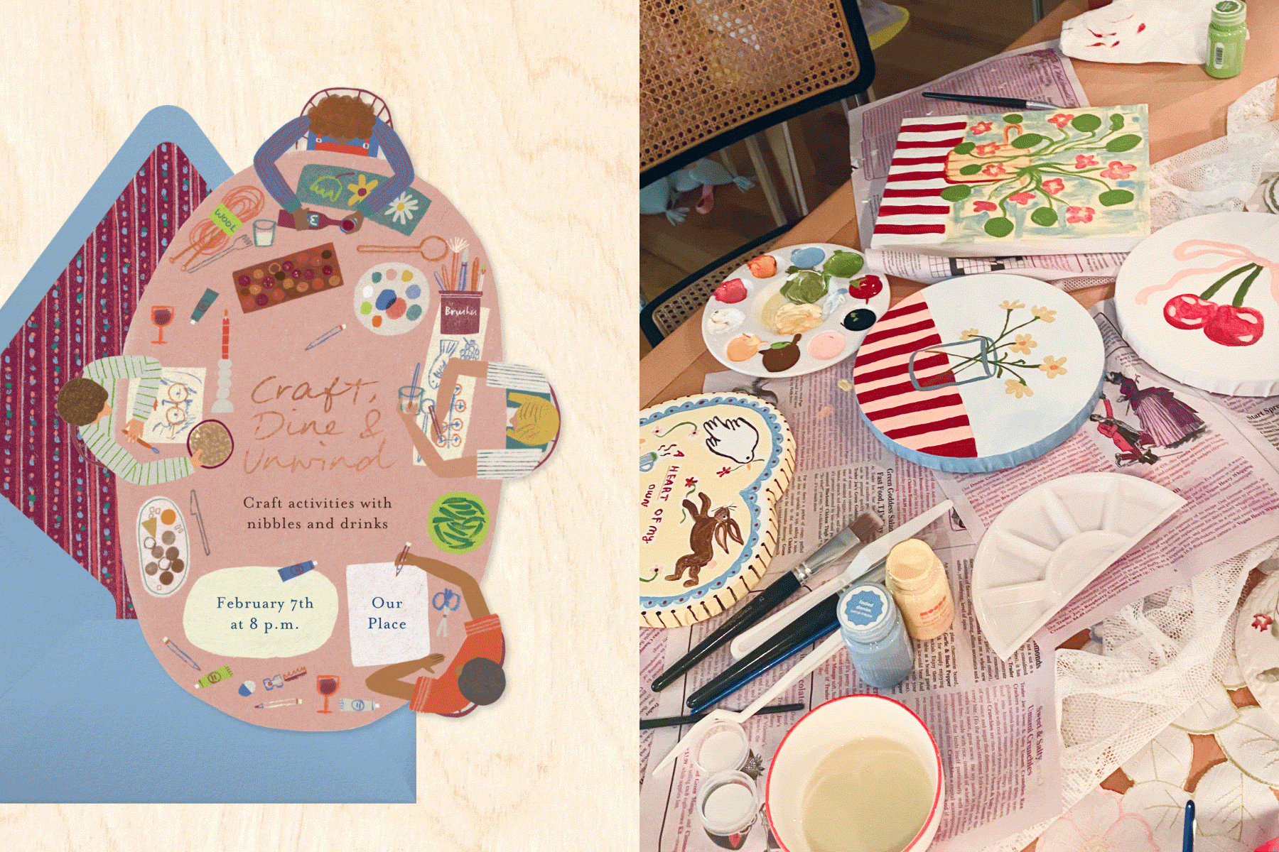 A looping video of side-by-side images showing: an illustrated invitation to a craft night shaped like four people around a table with craft supplies, on a blue envelope with striped liner; a photo of a table covered in newspaper and painting supplies; an invitation to a craft night with lettering reading ‘craft, dine, unwind’ made from magazine clippings on a brown craft envelope with a navy liner; a photograph of a wooden table covered in clipped photos from magazines. 