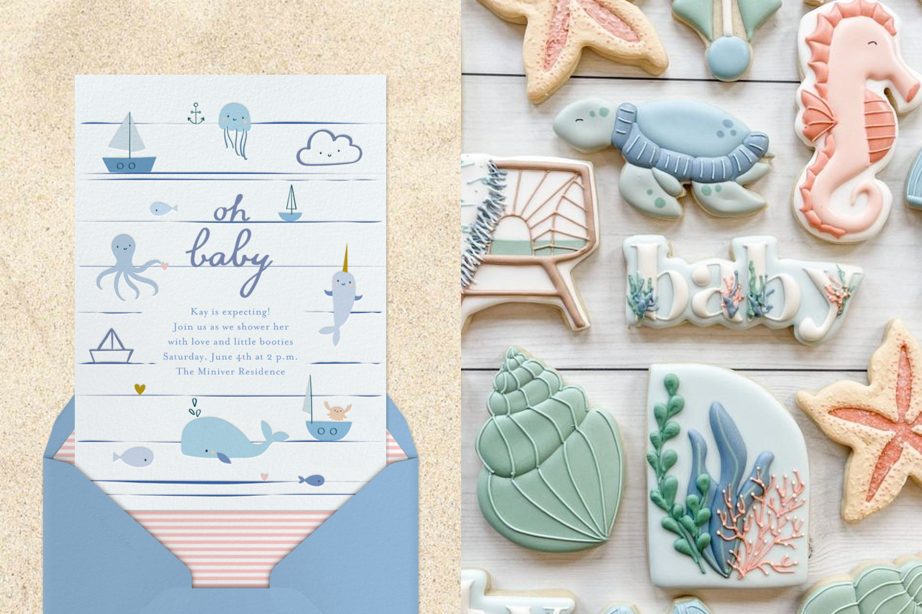 An invitation reads ‘oh baby’ with blue sea creatures and sailboats; sea creature-themed frosted sugar cookies for a baby shower.