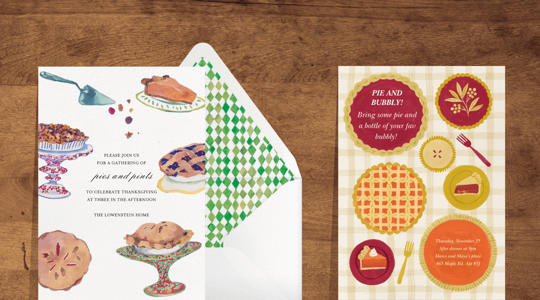 Left: An invitation with watercolor paintings of pies on cake stands and dishes. Right: An invitation with simplistic red, orange, and yellow pies and slices viewed from above on a faded checker background.