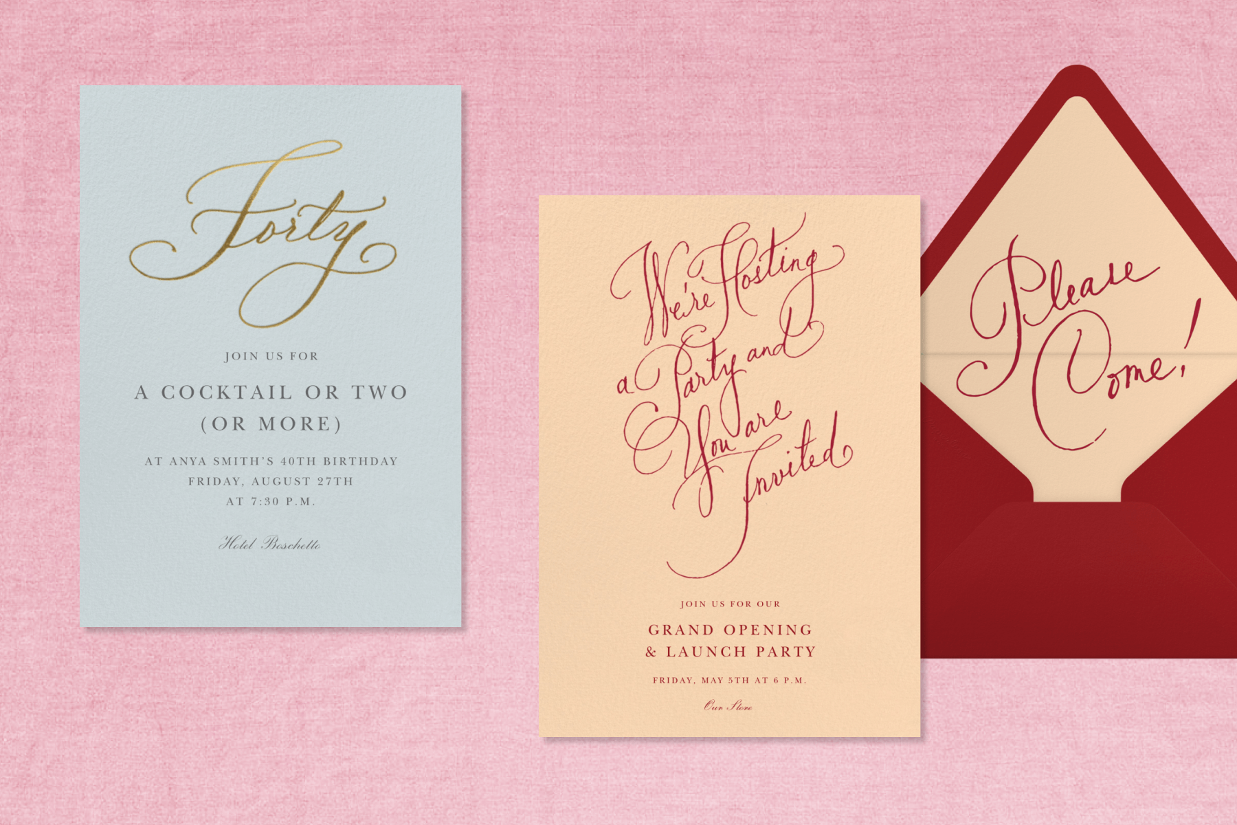 Two Stephanie Fishwick invitations with eclectic designs.