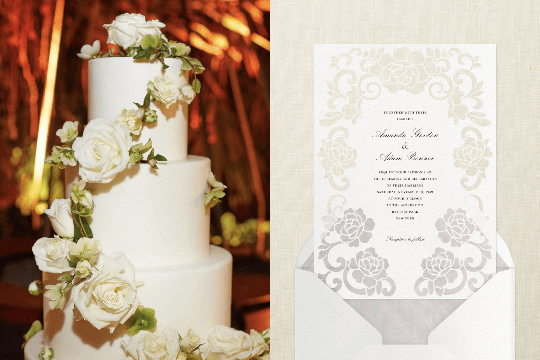 Left: A three-tired wedding cake with flowers; Right: A white wedding invitation with demask floral elements.