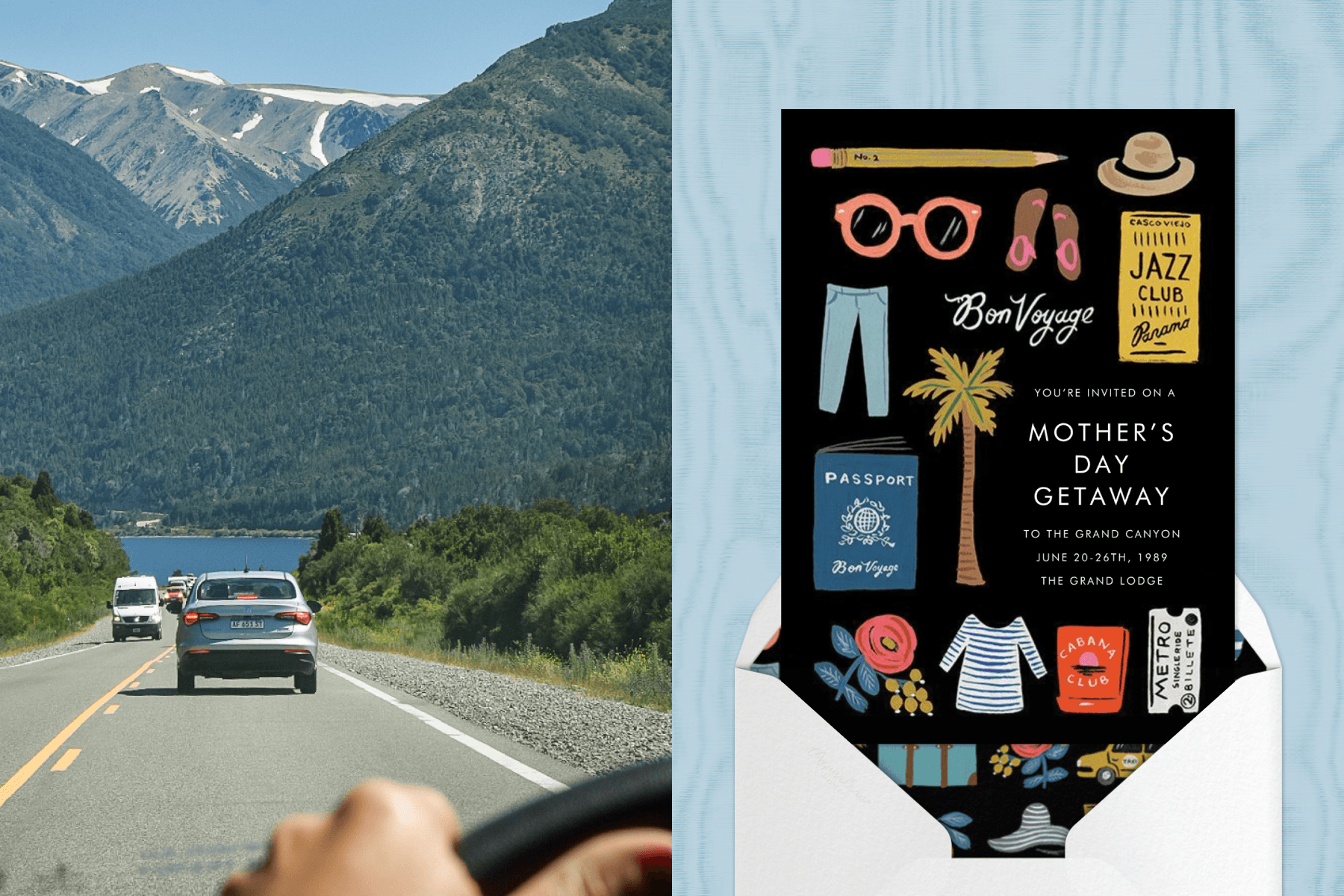 Left: Cars drive along a road leading to green mountains. Right: A black invitation for a Mother’s Day getaway featuring illustrations of palm trees, flowers, and event tickets over a light blue background.