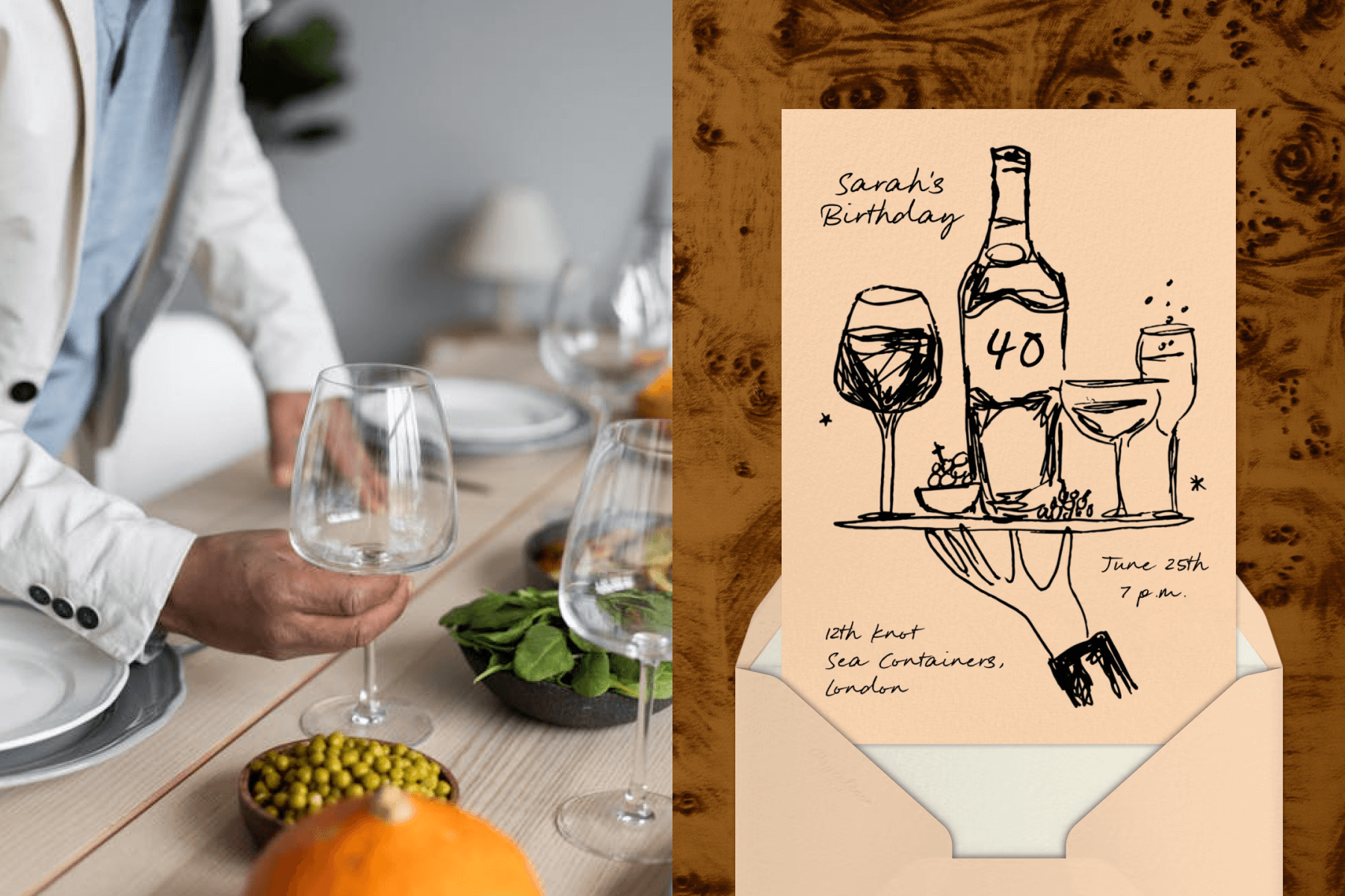A man in a blue shirt and cream jacket holds a wine glass at a wood table with neutral table settings and bowls of snacks and salad; A birthday party invitation featuring a peach background and a black illustration of a hand holding a tray of drinks and a wine bottle, paired with a peach envelope and cream envelope liner on a brown burl wood background.