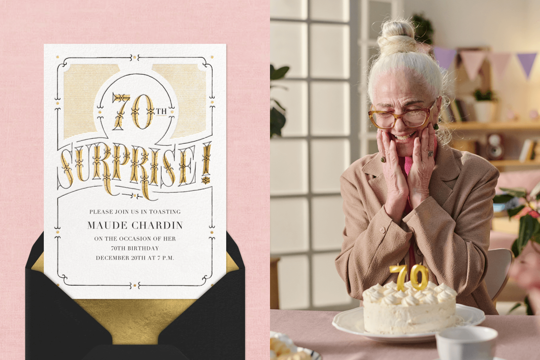 A 70th birthday party invitation with gold graphics and text that reads ‘surprise!’ paired with a black envelope, gold envelope liner, and a light pink background; A happy woman sitting at a table with a 70th birthday cake in front of her.