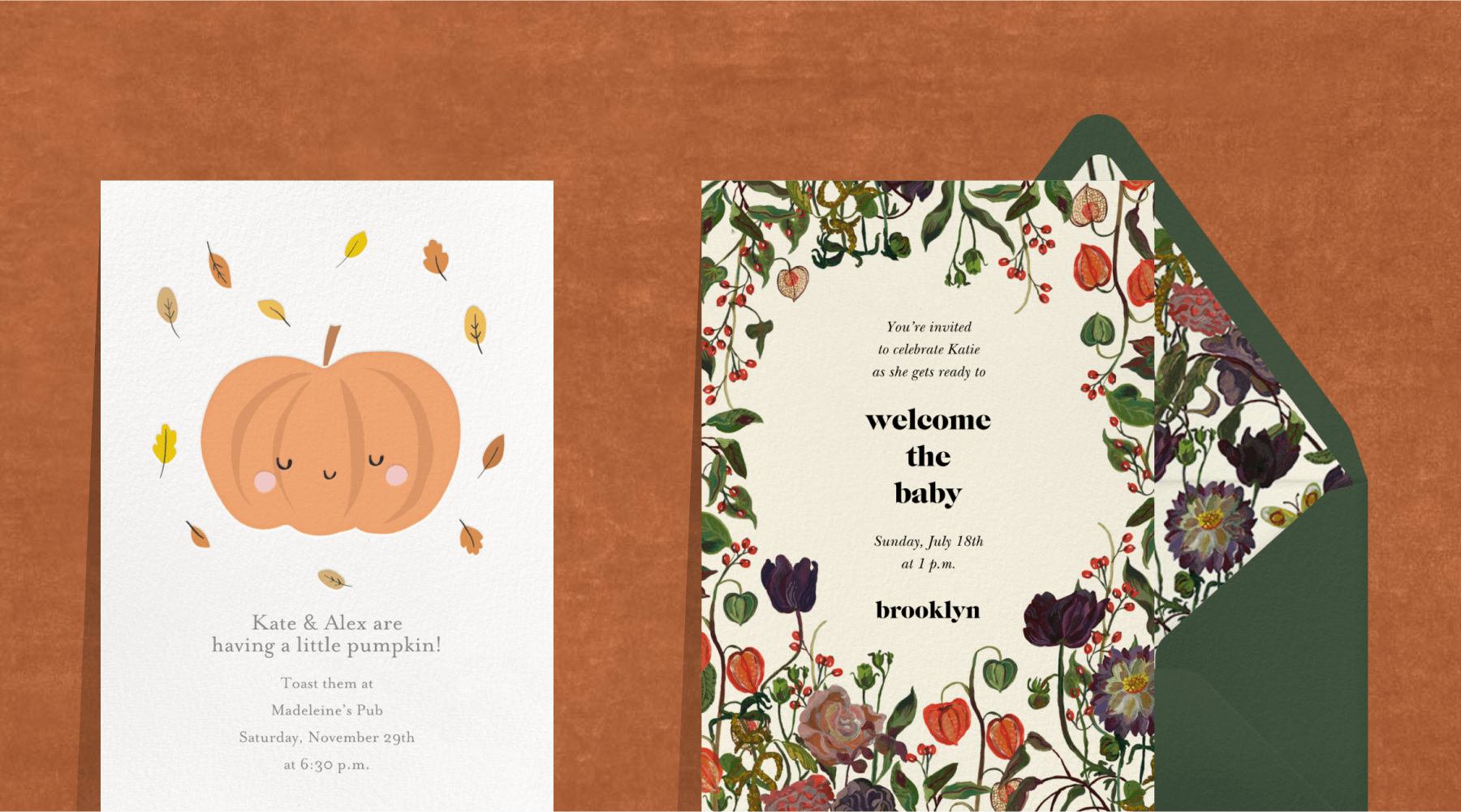 An invitation with a smiling illustrated pumpkin; an invitation with a border of autumnal flora and a matching green envelope.