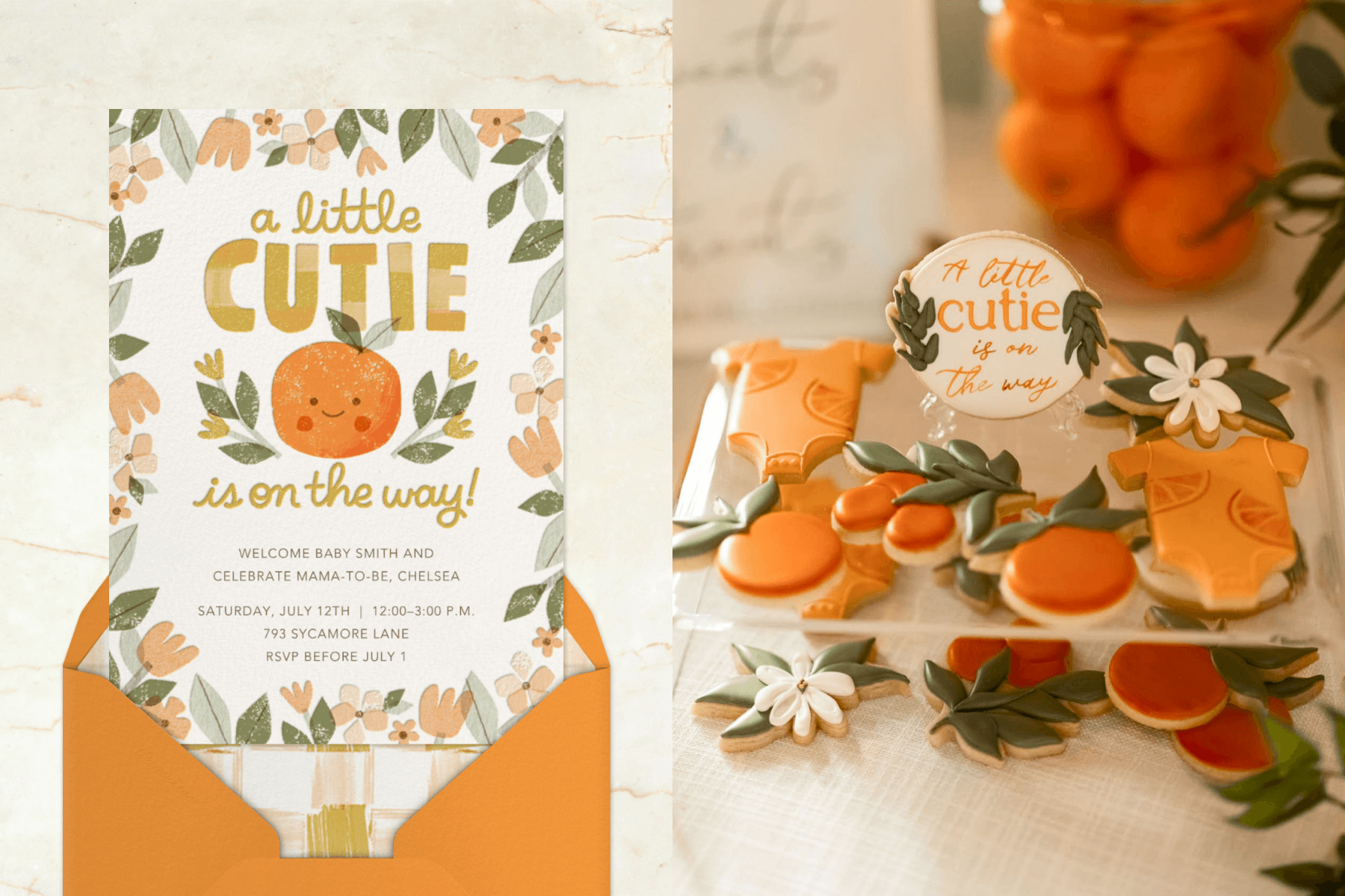 An invitation with a smiling oranges says ‘a little cutie is on the way!’; decorated sugar cookies in an orange/cutie theme.