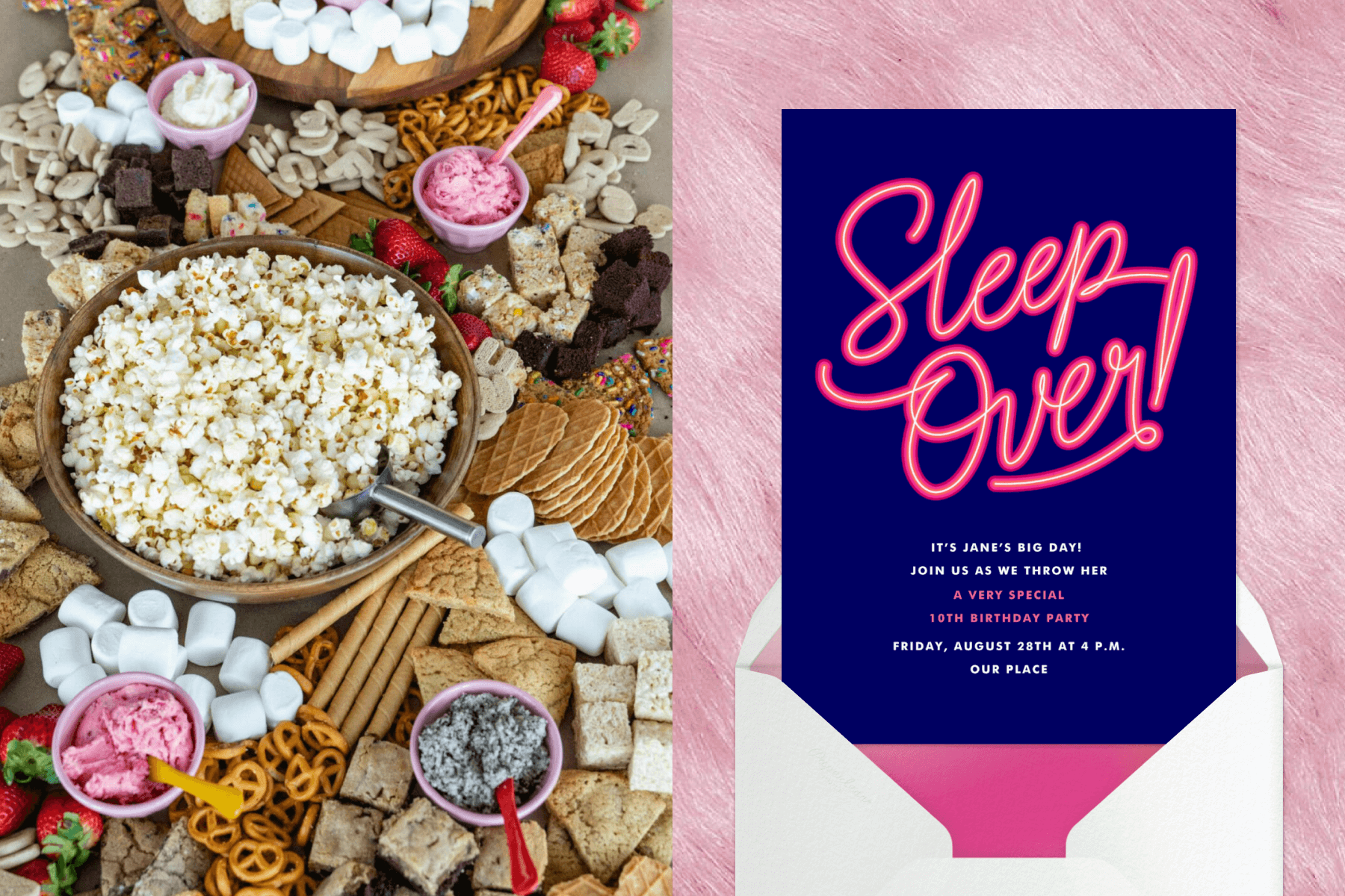Left: A snacks table with popcorn, marshmallows, cookies, and pretzels; Right: A blue and pink invitation that reads “Sleep Over!”